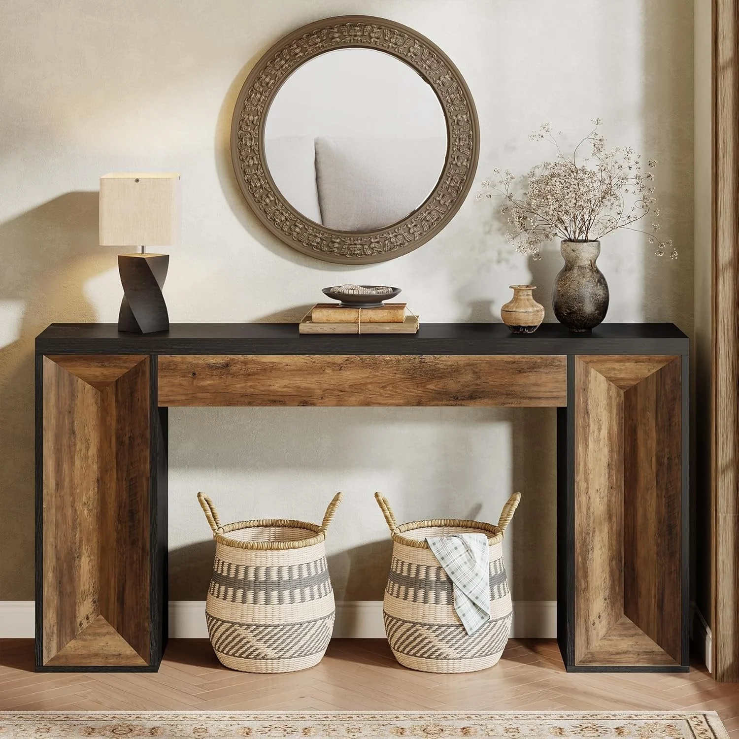 63" Console Table, Farmhouse Entryway Table Sofa Table with Dual-Tone Design - Image 9