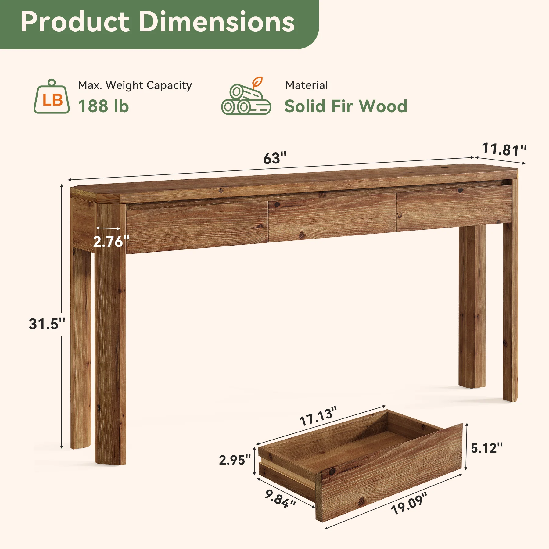 63" Solid Wood Console Table, Farmhouse Entryway Table with 3 Drawers - Image 2
