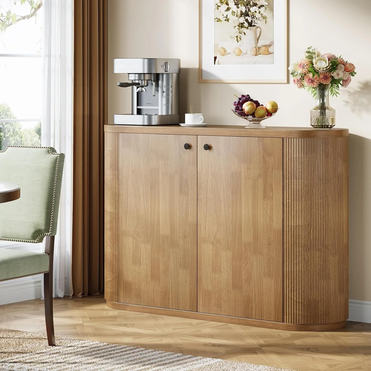 47" Sideboard Buffet, Farmhouse Fluted Cabinet Coffee Bar with 2 Shelves - Image 3