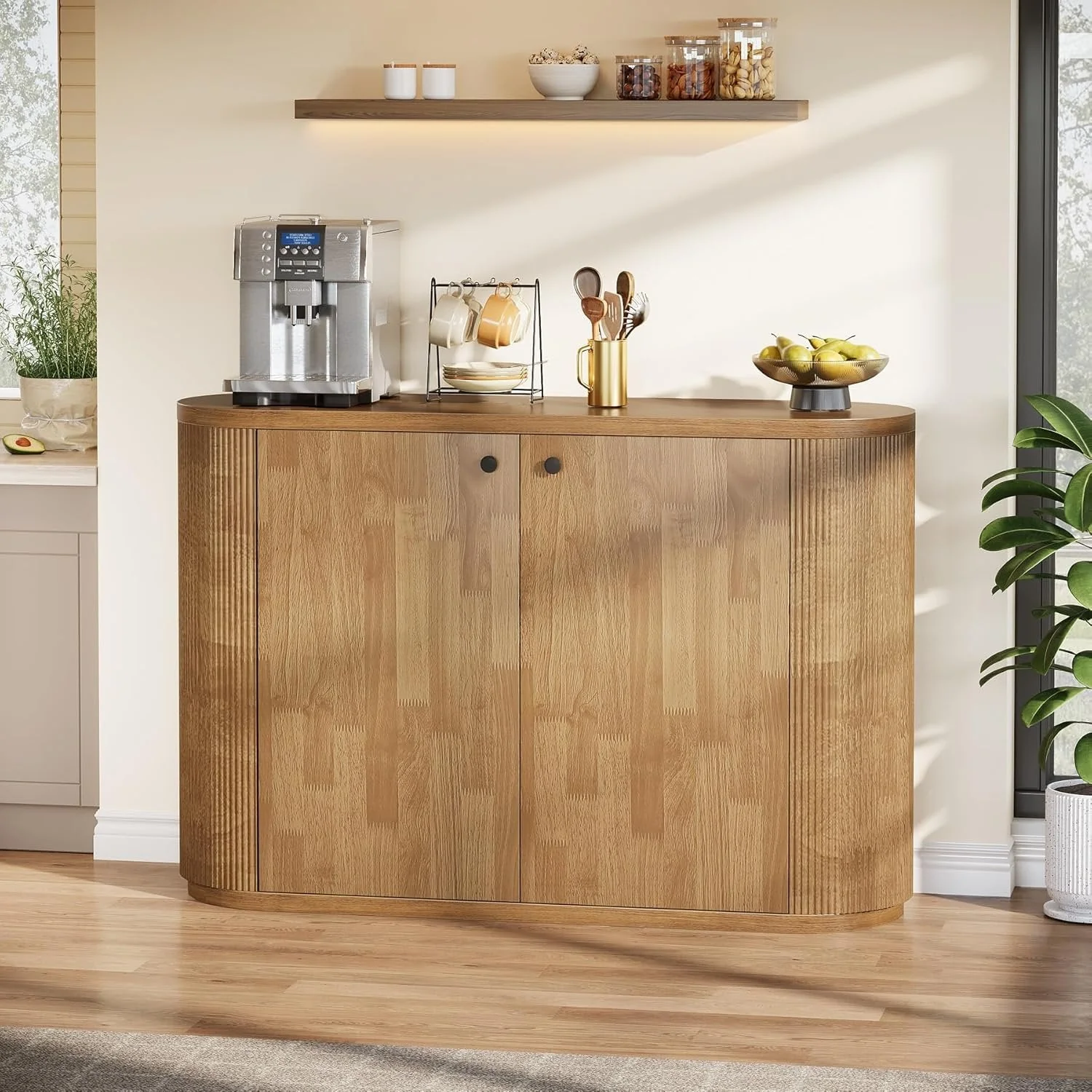 47" Sideboard Buffet, Farmhouse Fluted Cabinet Coffee Bar with 2 Shelves - Image 5