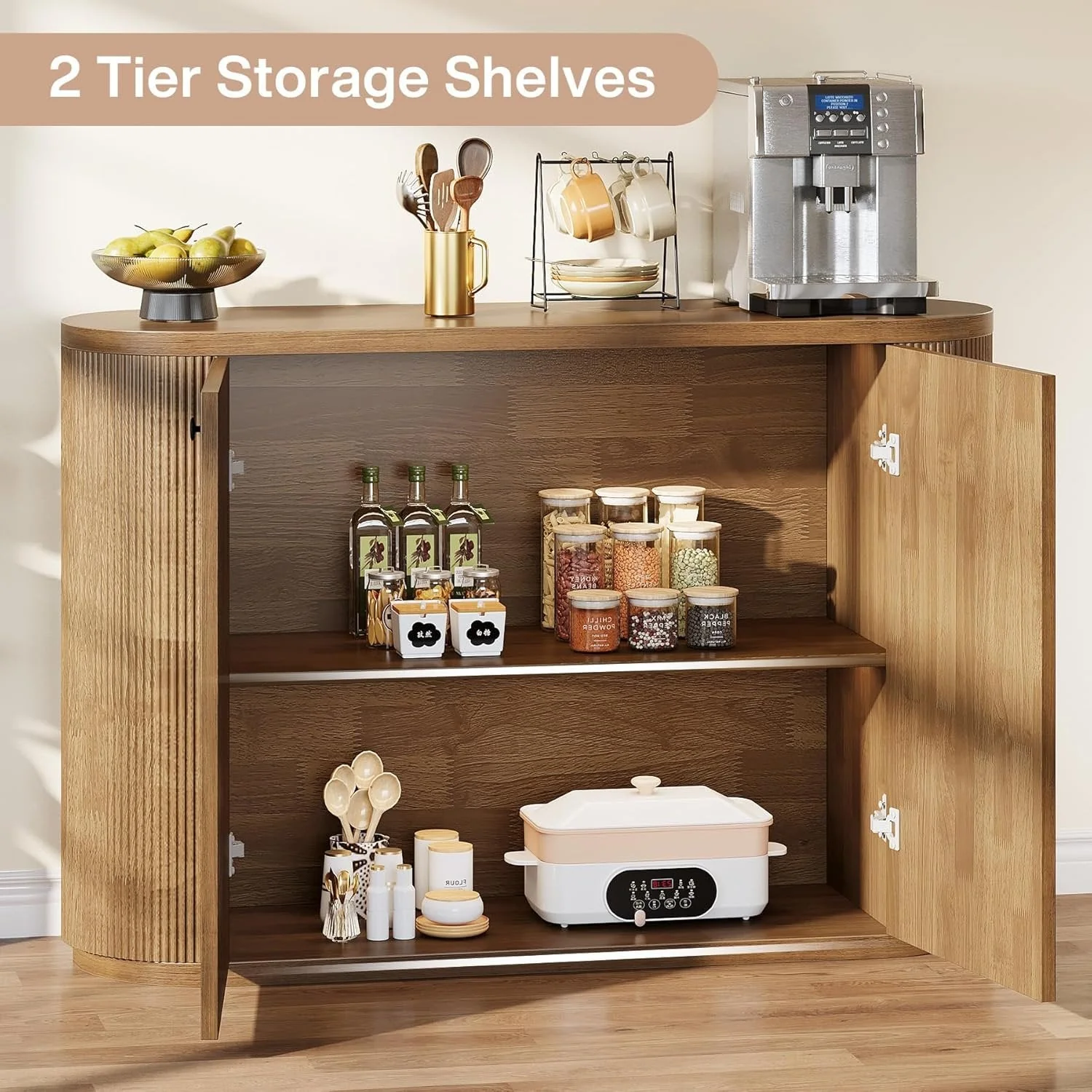 47" Sideboard Buffet, Farmhouse Fluted Cabinet Coffee Bar with 2 Shelves - Image 6