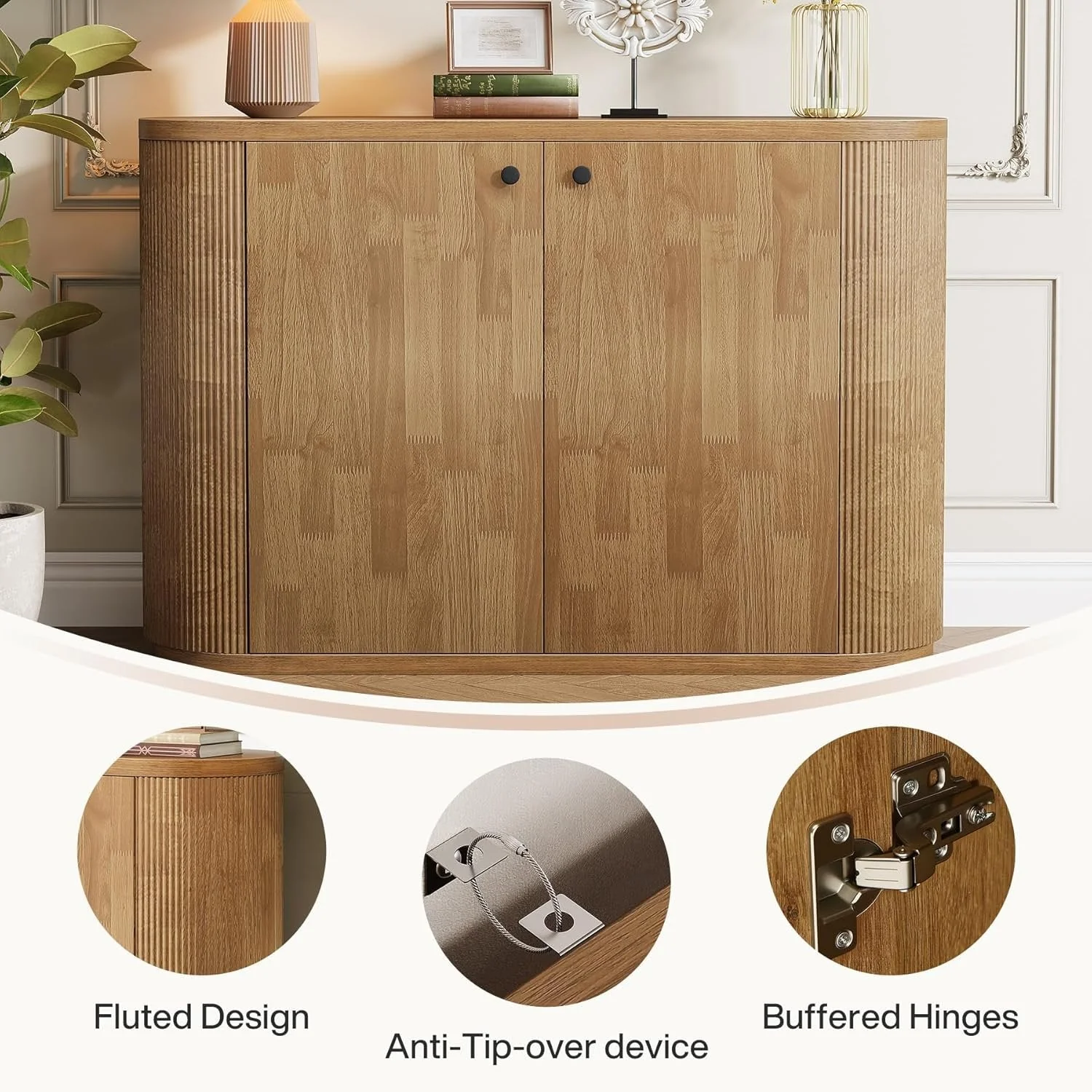 47" Sideboard Buffet, Farmhouse Fluted Cabinet Coffee Bar with 2 Shelves - Image 7