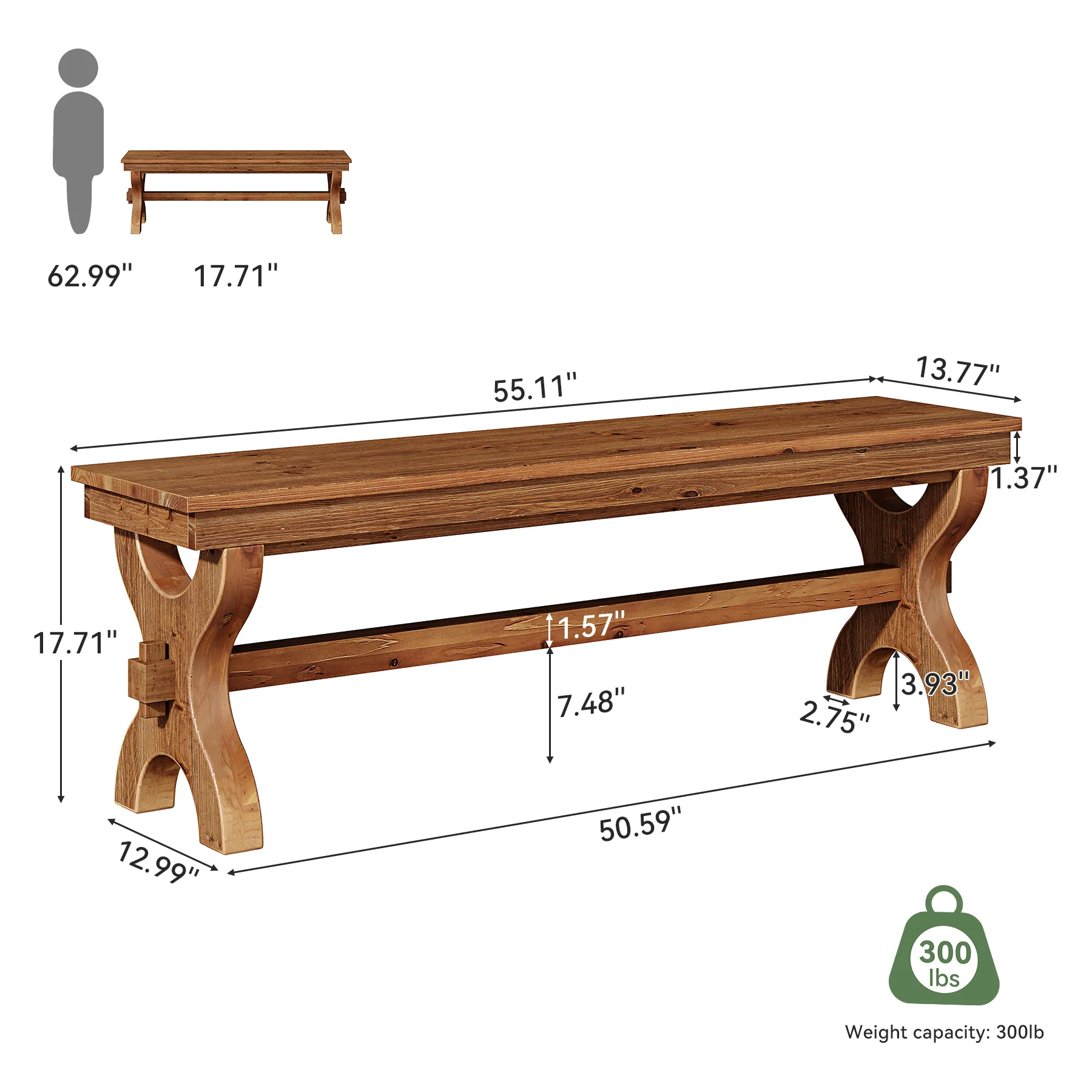 55" Solid Wood Entryway Bench, Farmhouse Indoor Bench Narrow Hallway Seat - Image 2