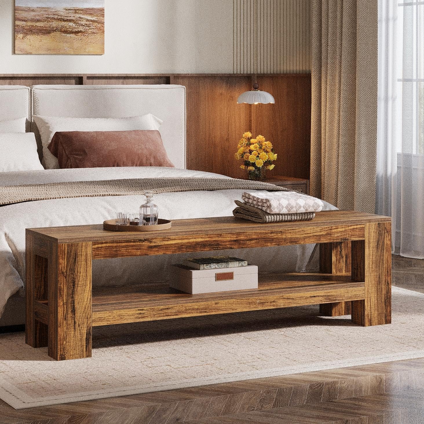 59" Entryway Bench, Farmhouse Indoor Console Shoe Bench End of Bed Table - Image 3