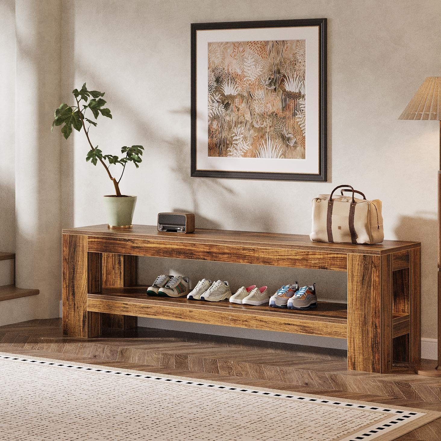 59" Entryway Bench, Farmhouse Indoor Console Shoe Bench End of Bed Table - Image 4