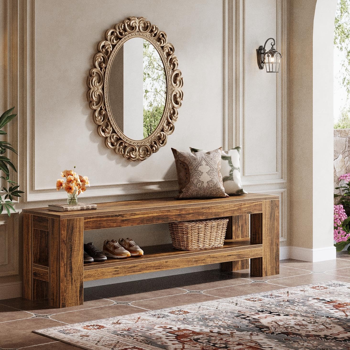 59" Entryway Bench, Farmhouse Indoor Console Shoe Bench End of Bed Table - Image 5
