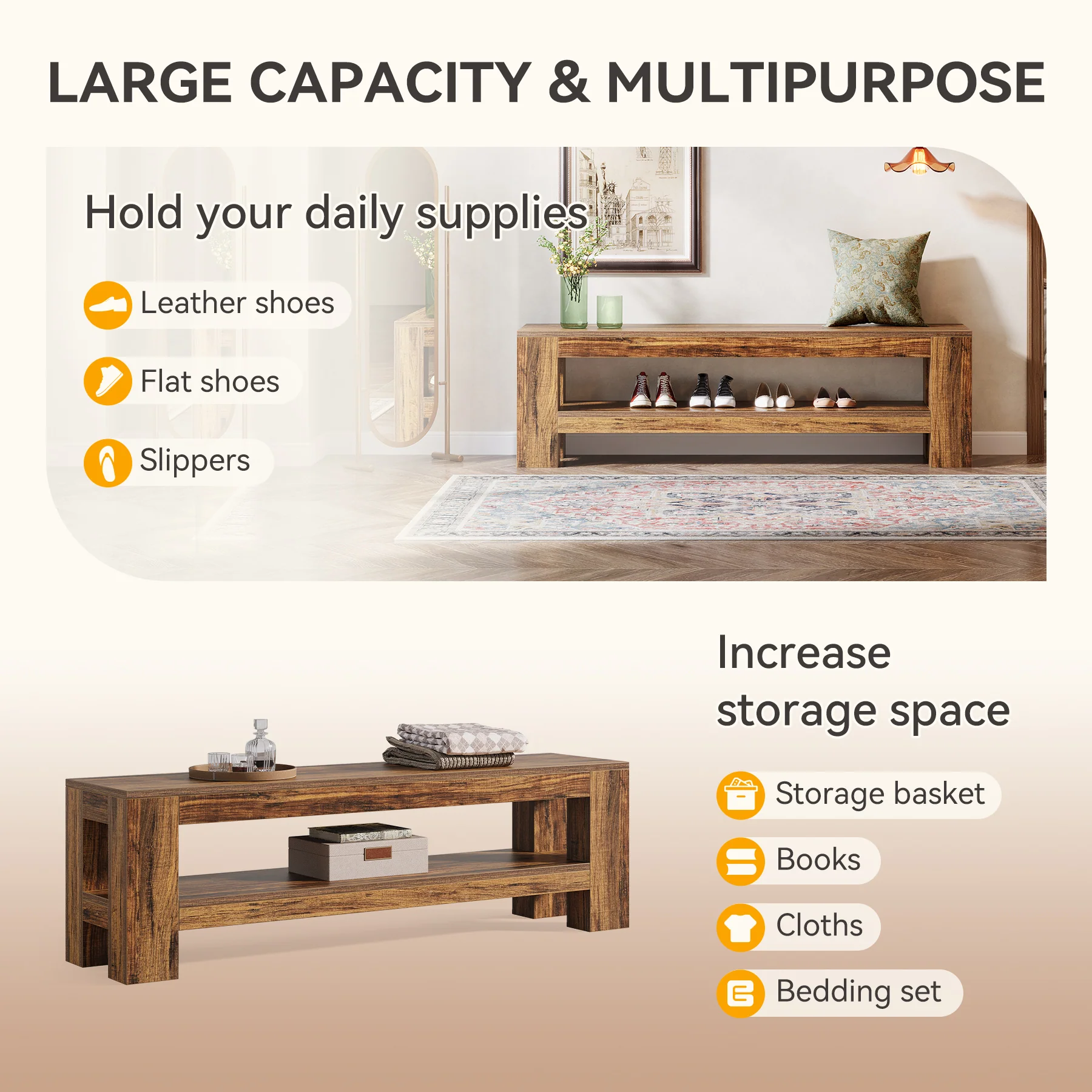 59" Entryway Bench, Farmhouse Indoor Console Shoe Bench End of Bed Table - Image 7