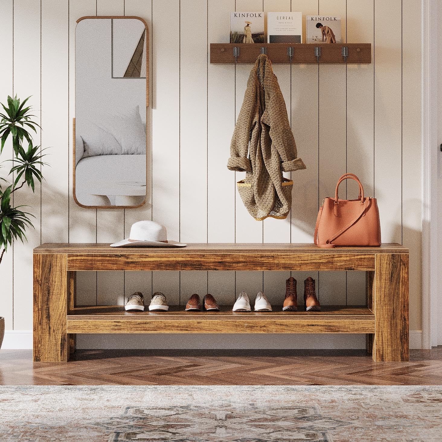 59" Entryway Bench, Farmhouse Indoor Console Shoe Bench End of Bed Table - Image 8