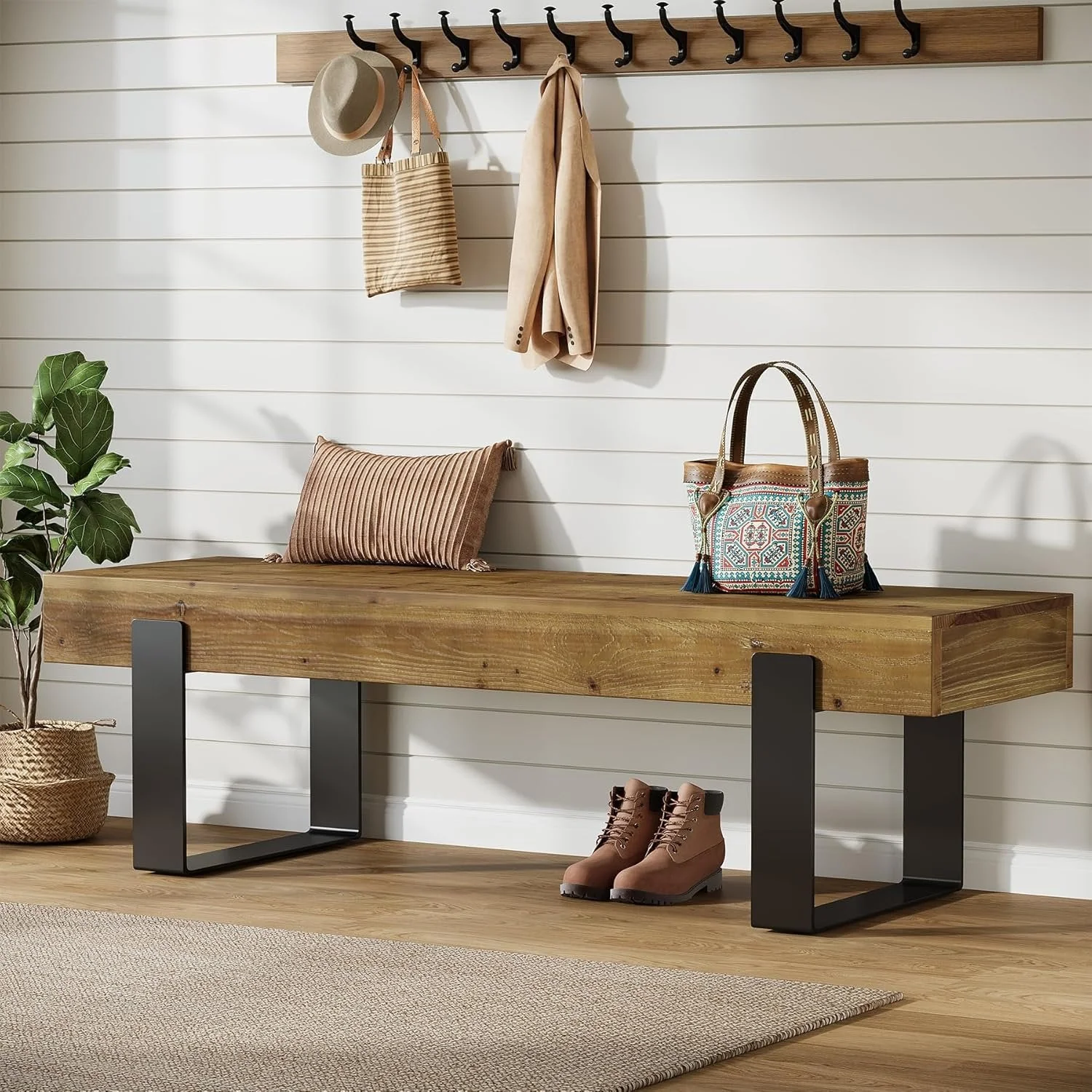 63" Industrial Entryway Bench, Farmhouse Wood Shoe Bench End of Bed Stool with Metal Legs