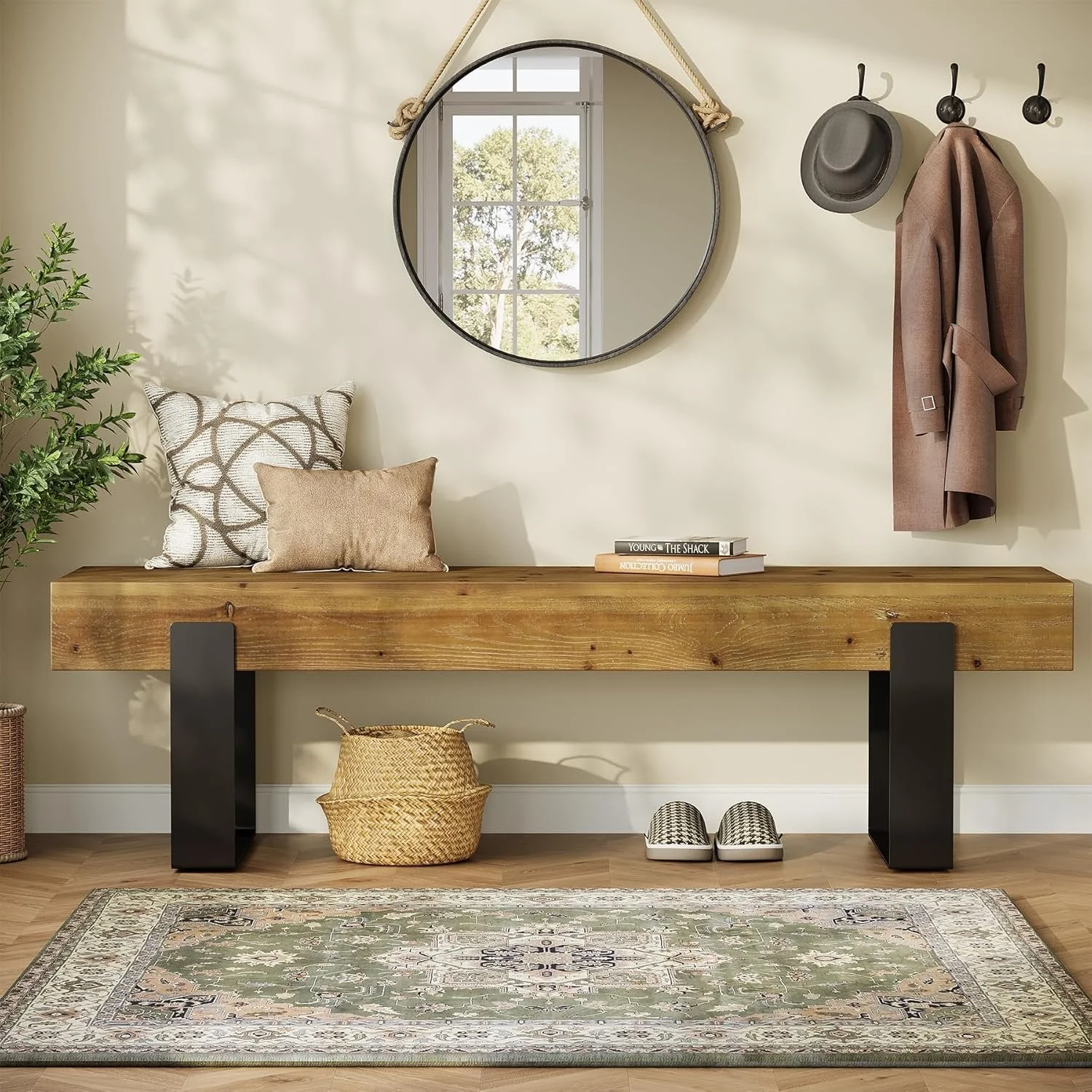 63" Industrial Entryway Bench, Farmhouse Wood Shoe Bench End of Bed Stool with Metal Legs - Image 3