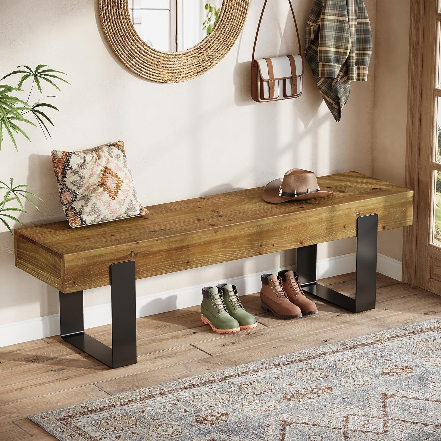 63" Industrial Entryway Bench, Farmhouse Wood Shoe Bench End of Bed Stool with Metal Legs - Image 4