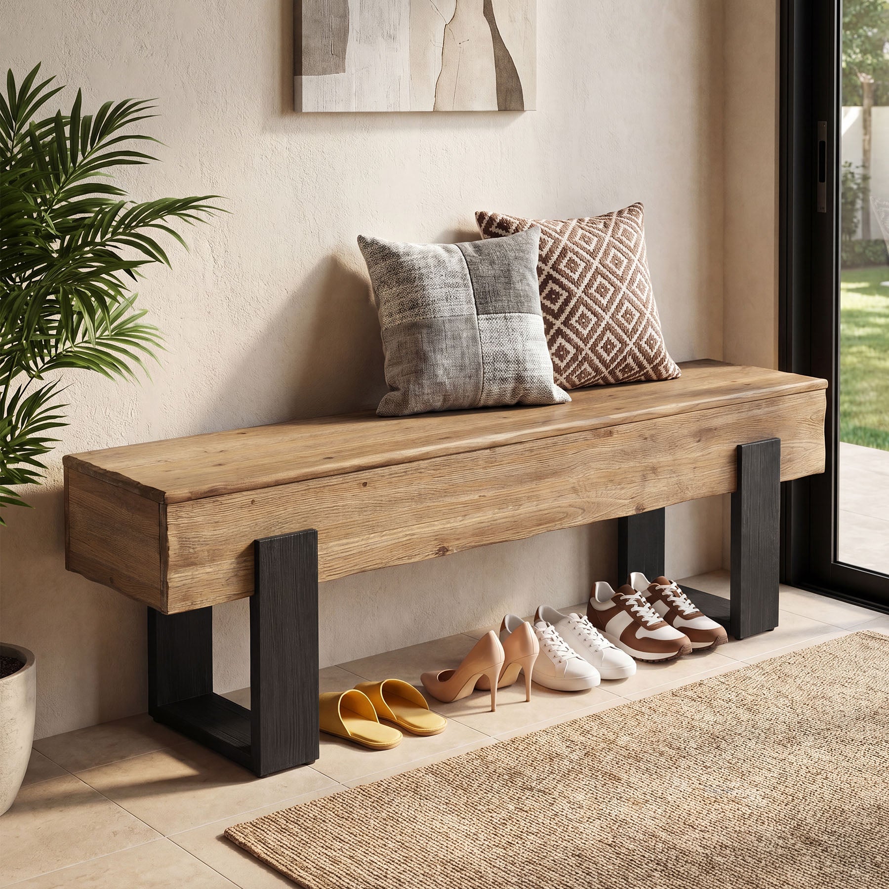 63" Solid Wood Entryway Bench, Farmhouse Indoor Shoe Bench End of Bed Bench - Image 3