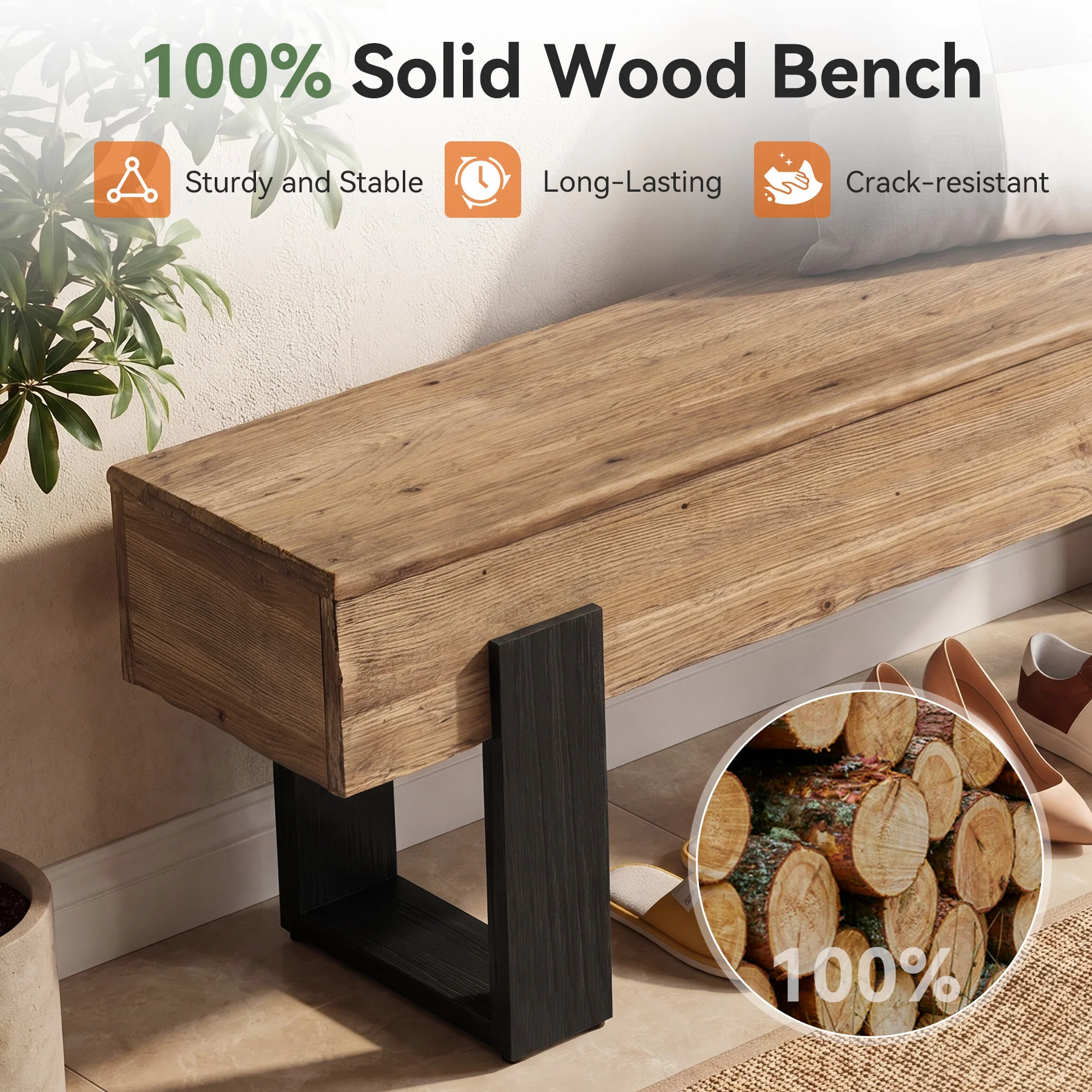 63" Solid Wood Entryway Bench, Farmhouse Indoor Shoe Bench End of Bed Bench - Image 6