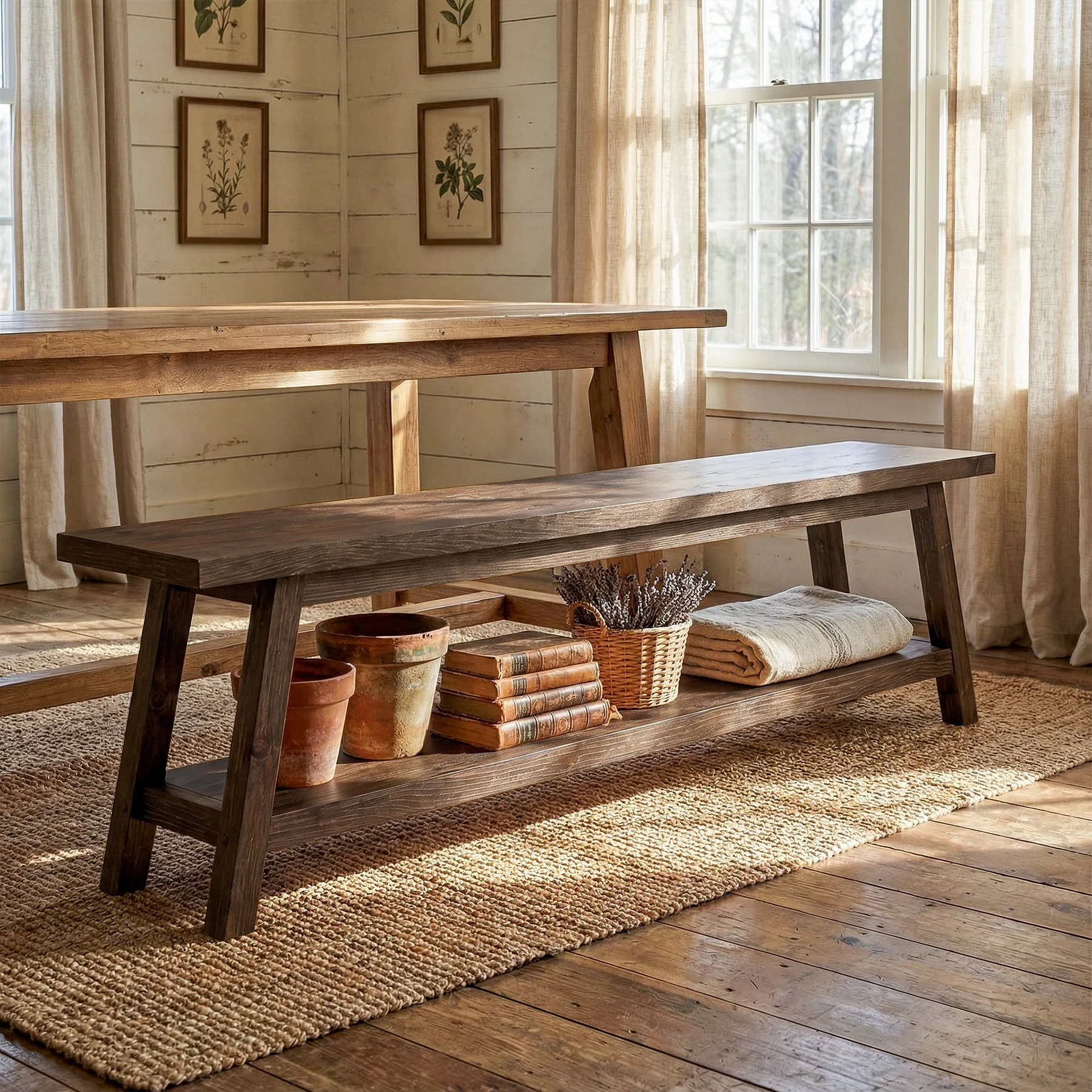 63" Wood Dining Room Bench, Farmhouse Kitchen Bench Seating with Storage Shelf - Image 10