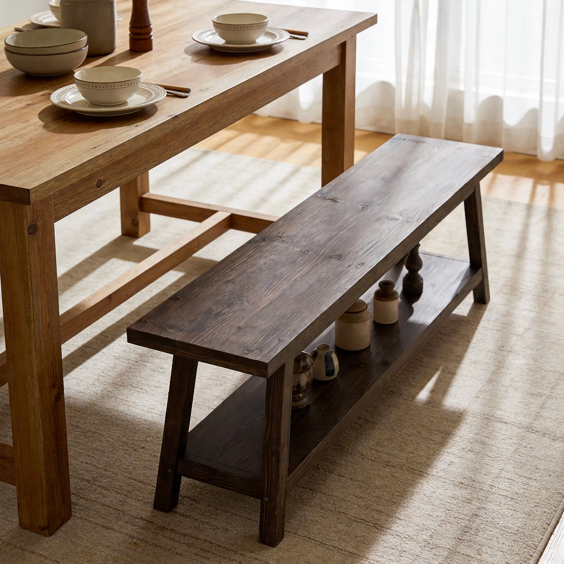 63" Wood Dining Room Bench, Farmhouse Kitchen Bench Seating with Storage Shelf - Image 12