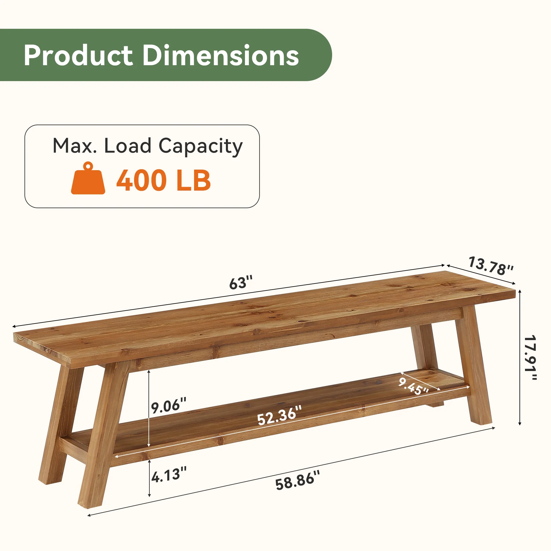 63" Wood Dining Room Bench, Farmhouse Kitchen Bench Seating with Storage Shelf - Image 2