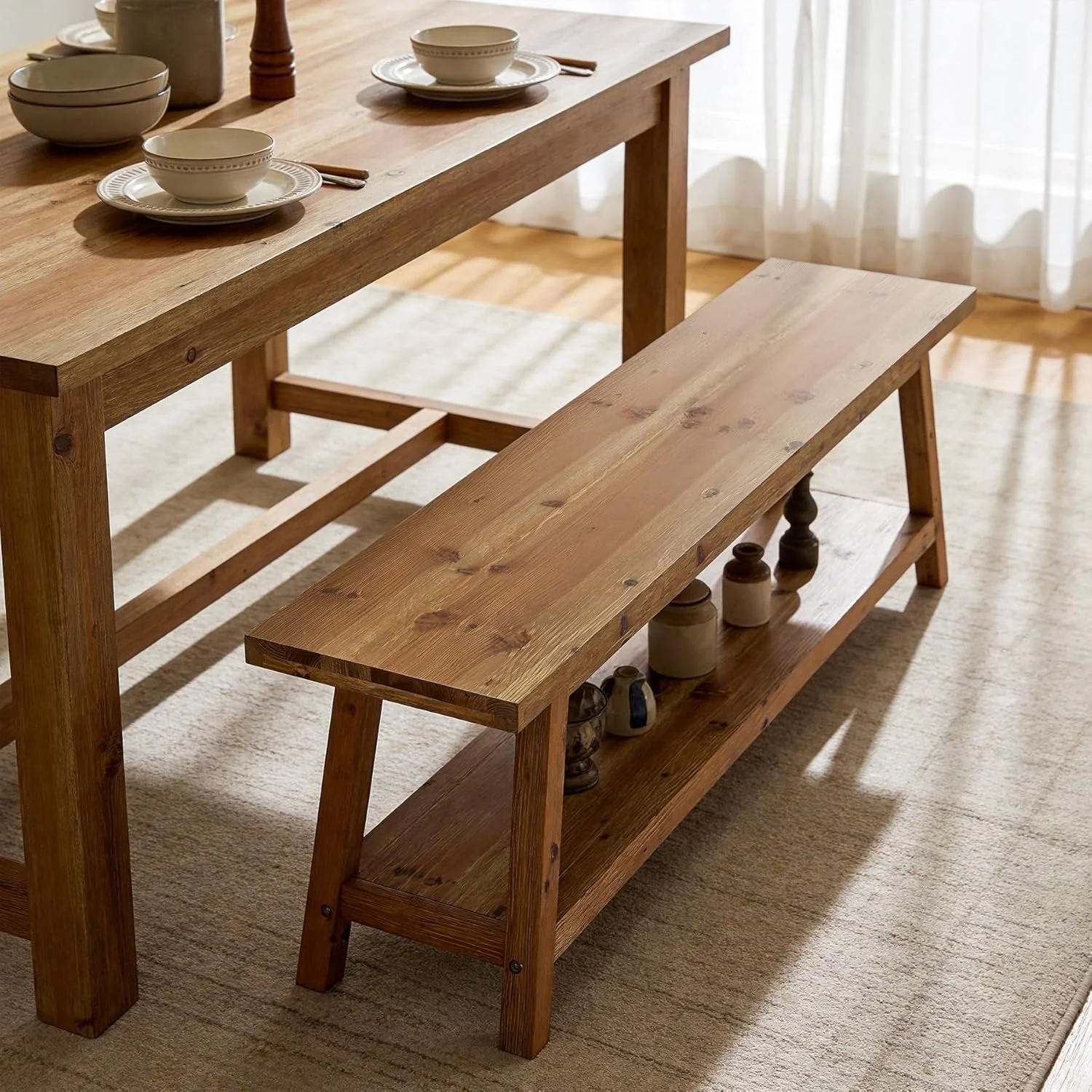 63" Wood Dining Room Bench, Farmhouse Kitchen Bench Seating with Storage Shelf - Image 4