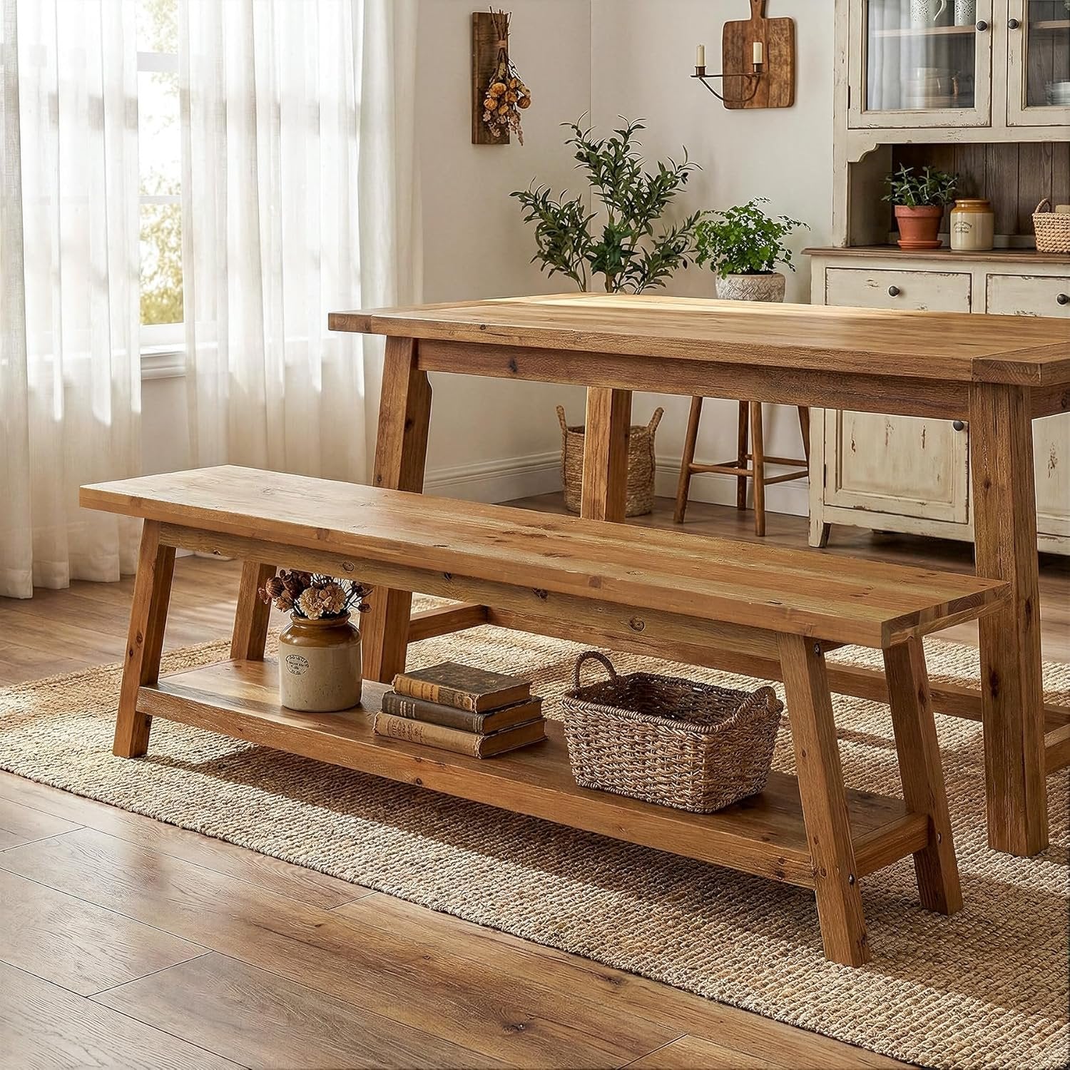 63" Wood Dining Room Bench, Farmhouse Kitchen Bench Seating with Storage Shelf - Image 6
