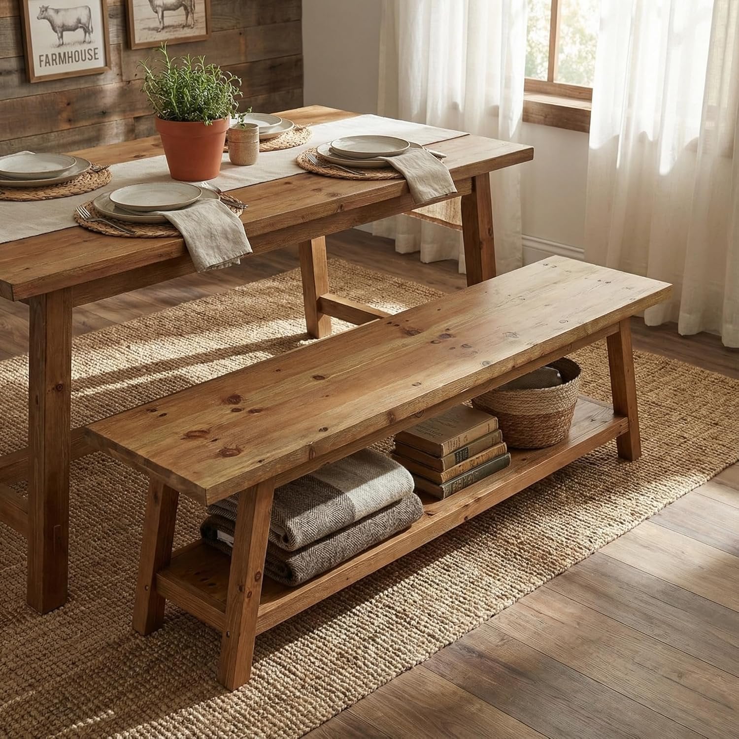 63" Wood Dining Room Bench, Farmhouse Kitchen Bench Seating with Storage Shelf - Image 7