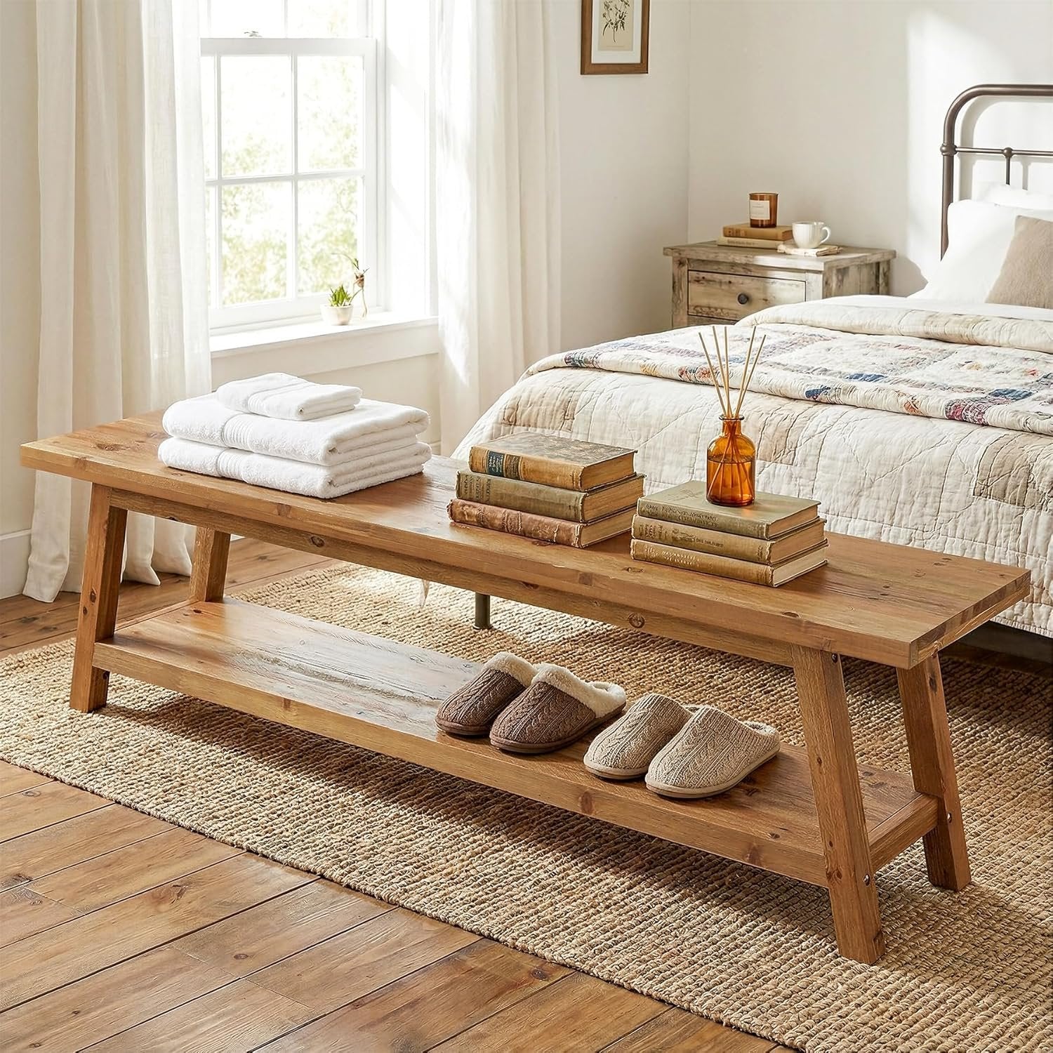 63" Wood Dining Room Bench, Farmhouse Kitchen Bench Seating with Storage Shelf - Image 8