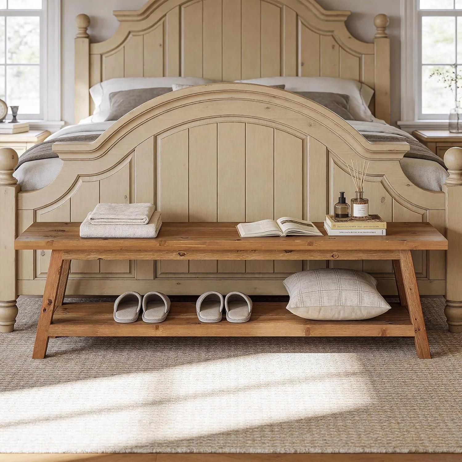 63" Wood Dining Room Bench, Farmhouse Kitchen Bench Seating with Storage Shelf - Image 9
