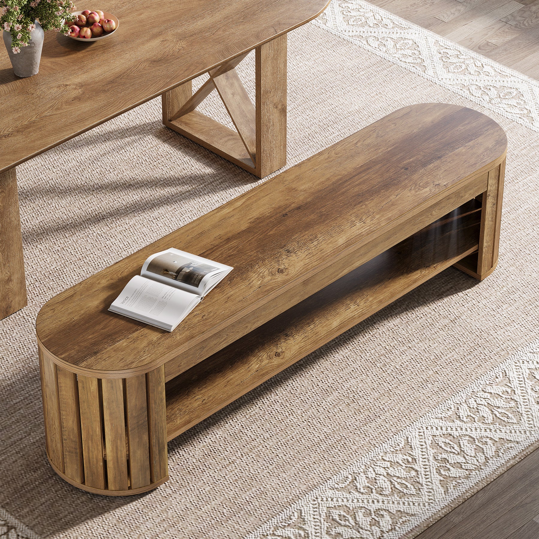 63" Dining Bench, Farmhouse Kitchen Dining Seat with Arc Vertical Slat Splicing Legs - Image 3