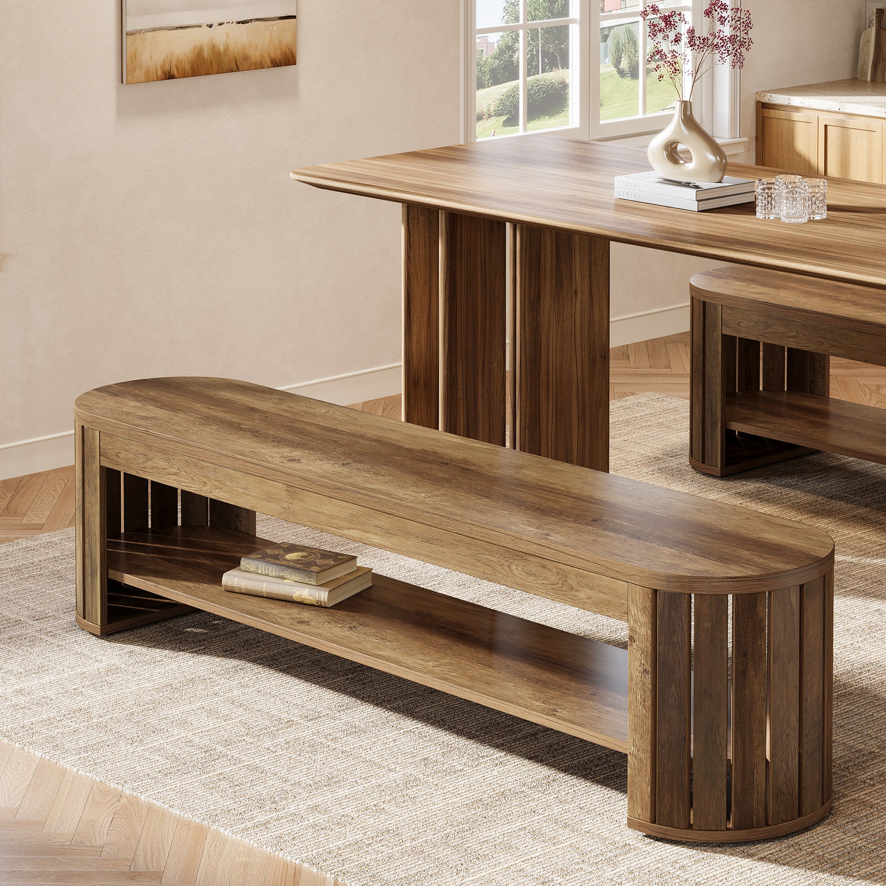 63" Dining Bench, Farmhouse Kitchen Dining Seat with Arc Vertical Slat Splicing Legs - Image 4