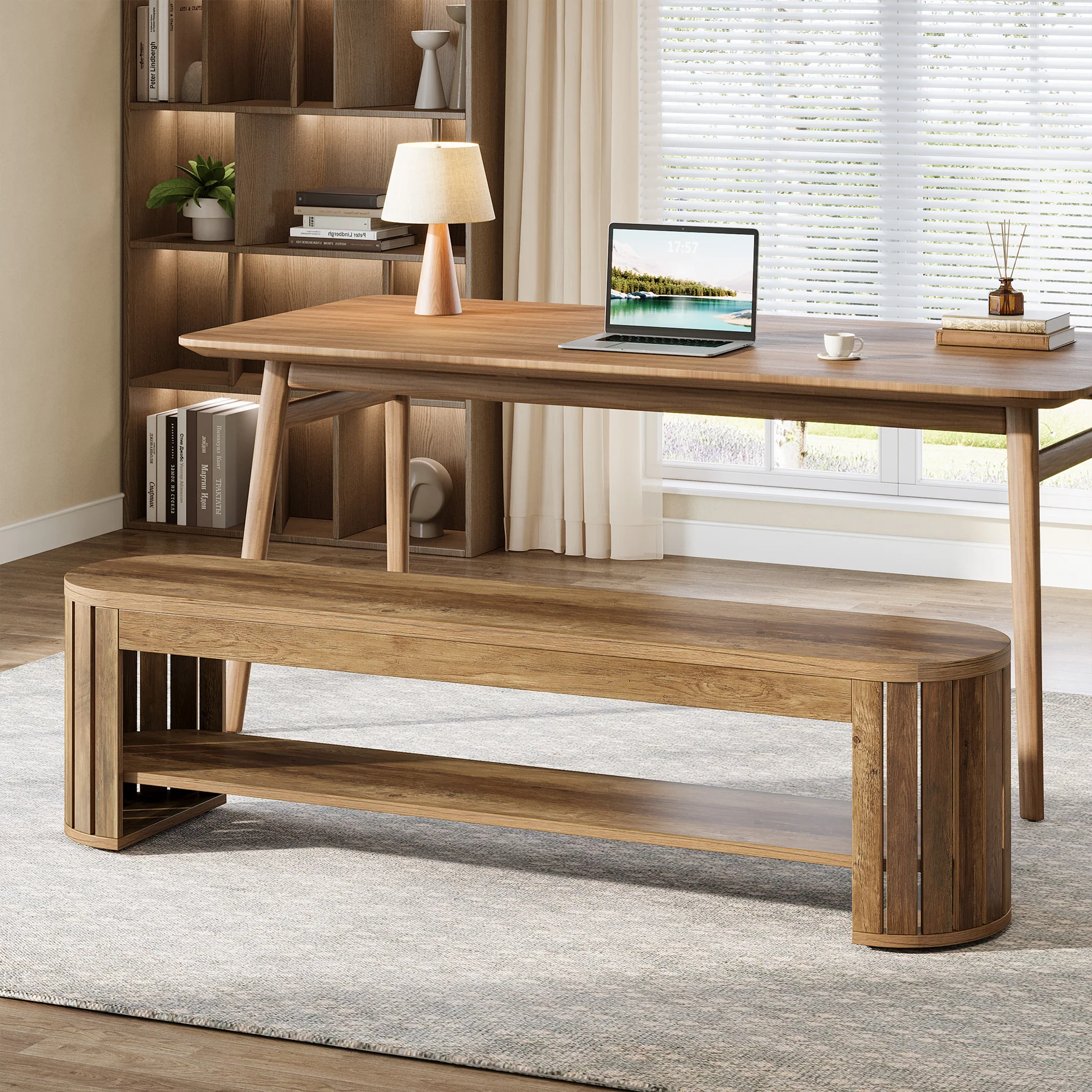 63" Dining Bench, Farmhouse Kitchen Dining Seat with Arc Vertical Slat Splicing Legs - Image 5