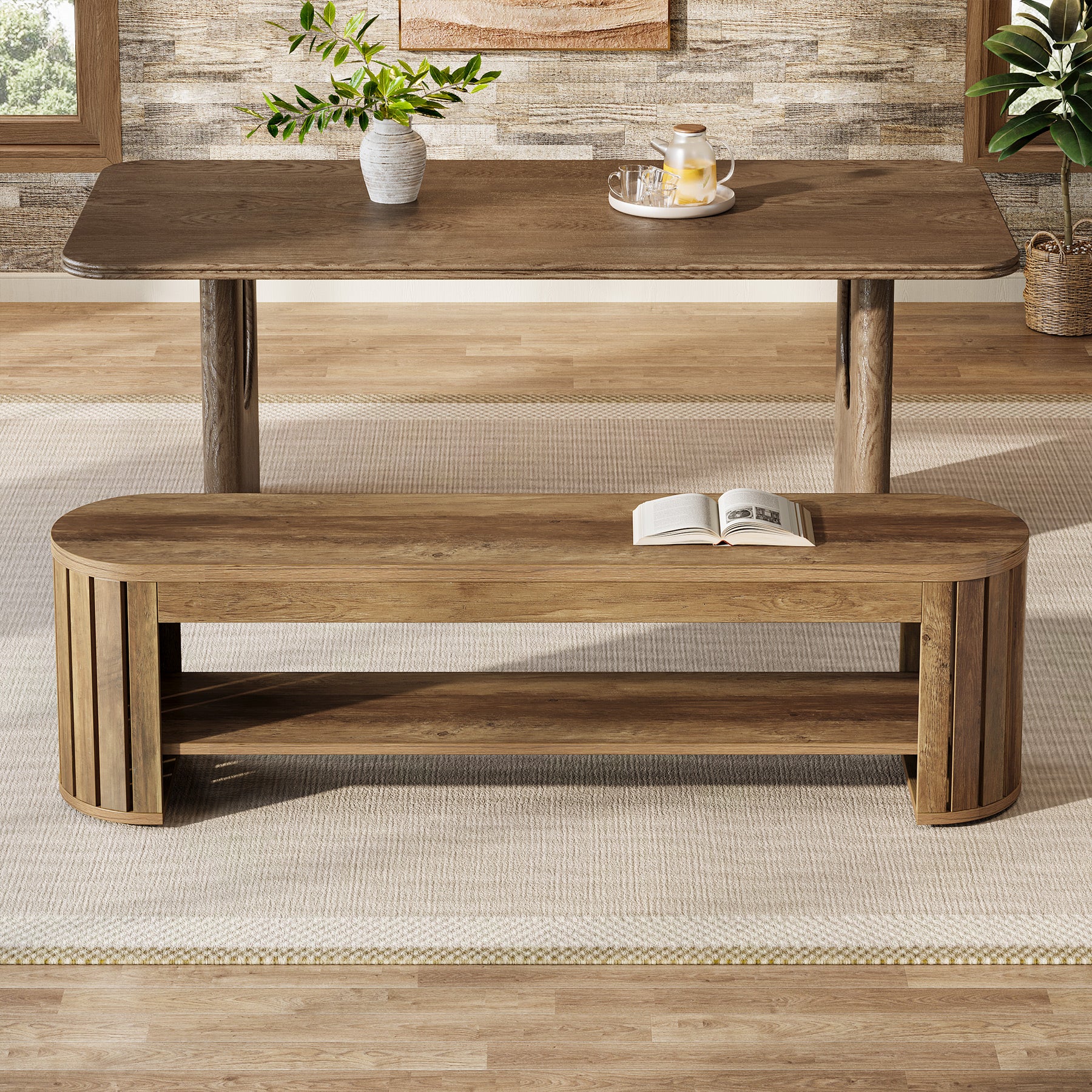 63" Dining Bench, Farmhouse Kitchen Dining Seat with Arc Vertical Slat Splicing Legs - Image 7