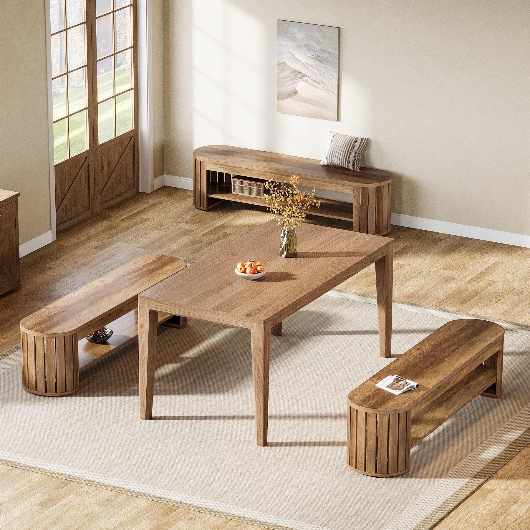 63" Dining Bench, Farmhouse Kitchen Dining Seat with Arc Vertical Slat Splicing Legs - Image 8