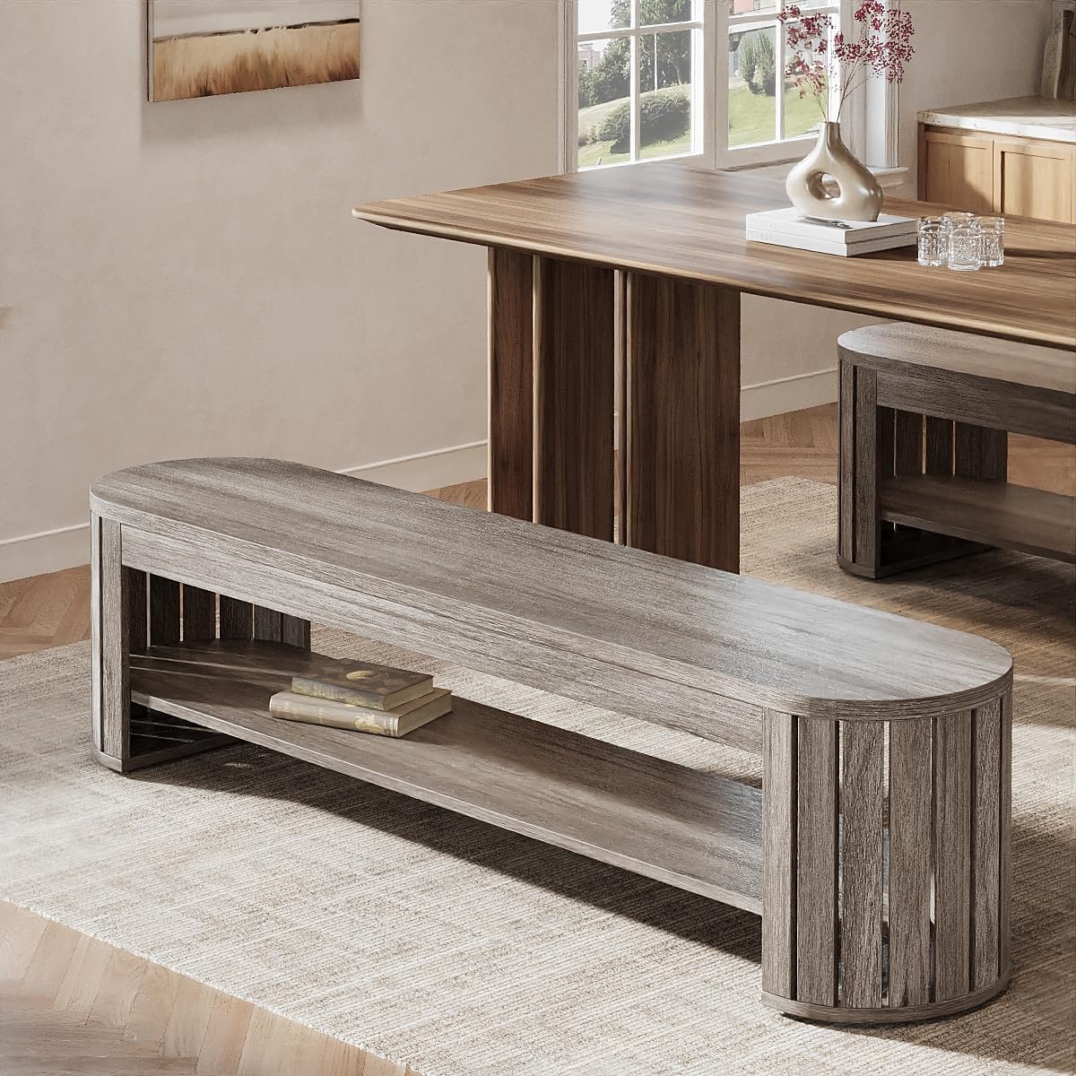 63" Dining Bench, Farmhouse Kitchen Dining Seat with Arc Vertical Slat Splicing Legs - Image 9
