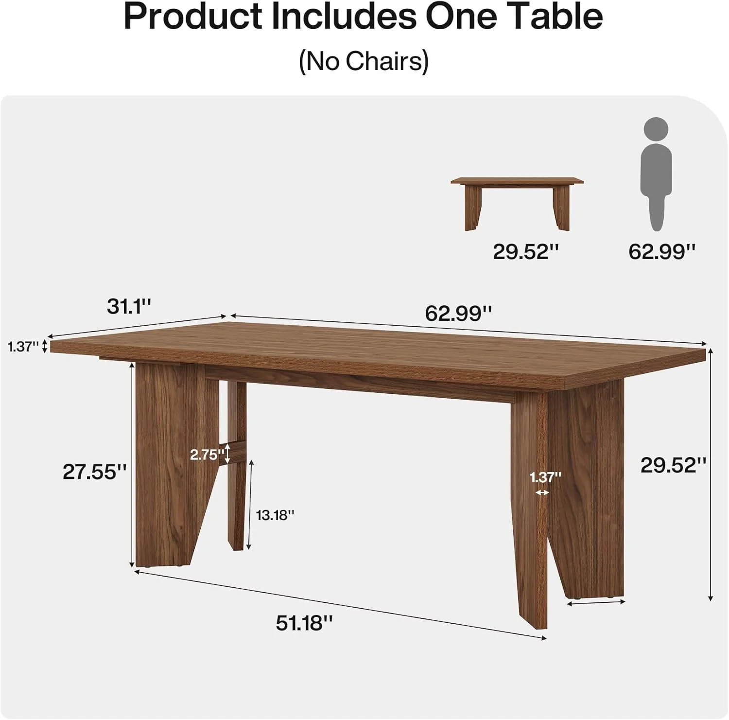 63" Dining Table, Farmhouse Kitchen Dinner Table for 4-6 People - Image 2