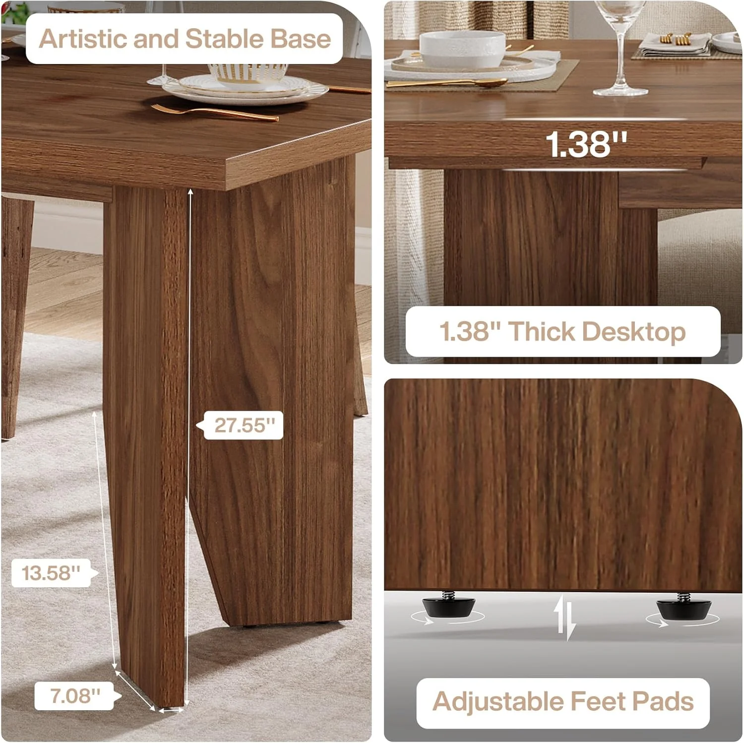 63" Dining Table, Farmhouse Kitchen Dinner Table for 4-6 People - Image 5