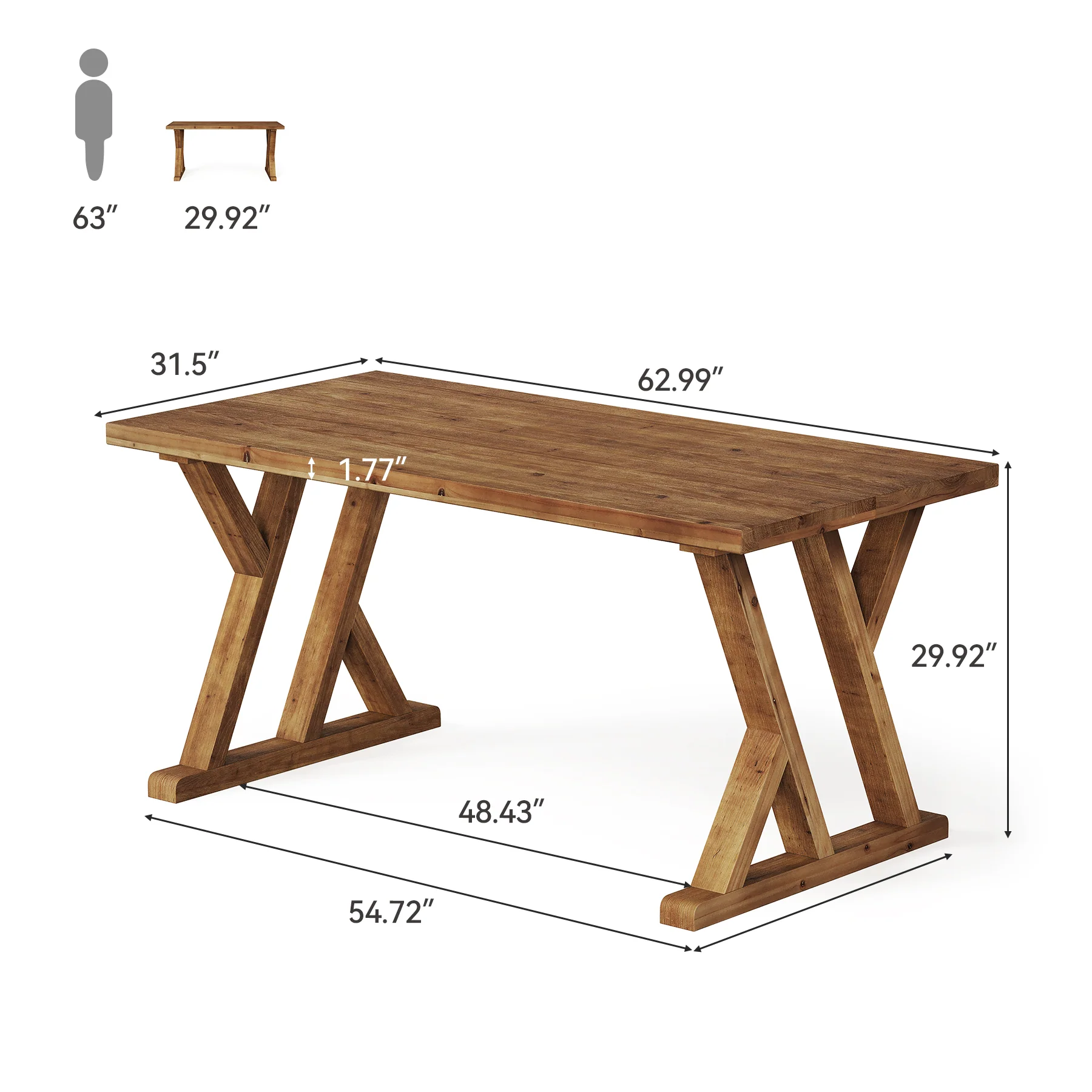 63" Wood Dining Table, Farmhouse Kitchen Dinner Table for 4-6 People - Image 2