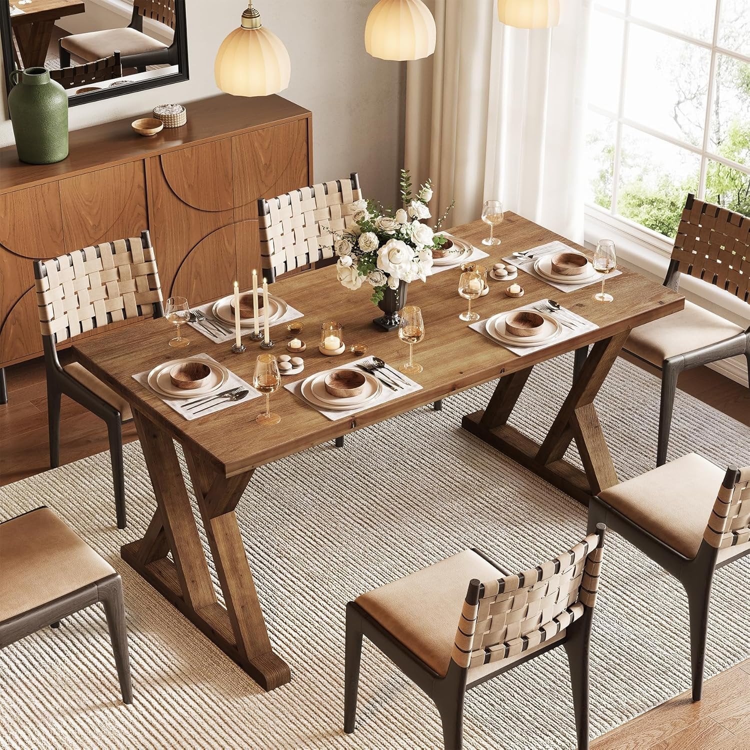 63" Wood Dining Table, Farmhouse Kitchen Dinner Table for 4-6 People - Image 8