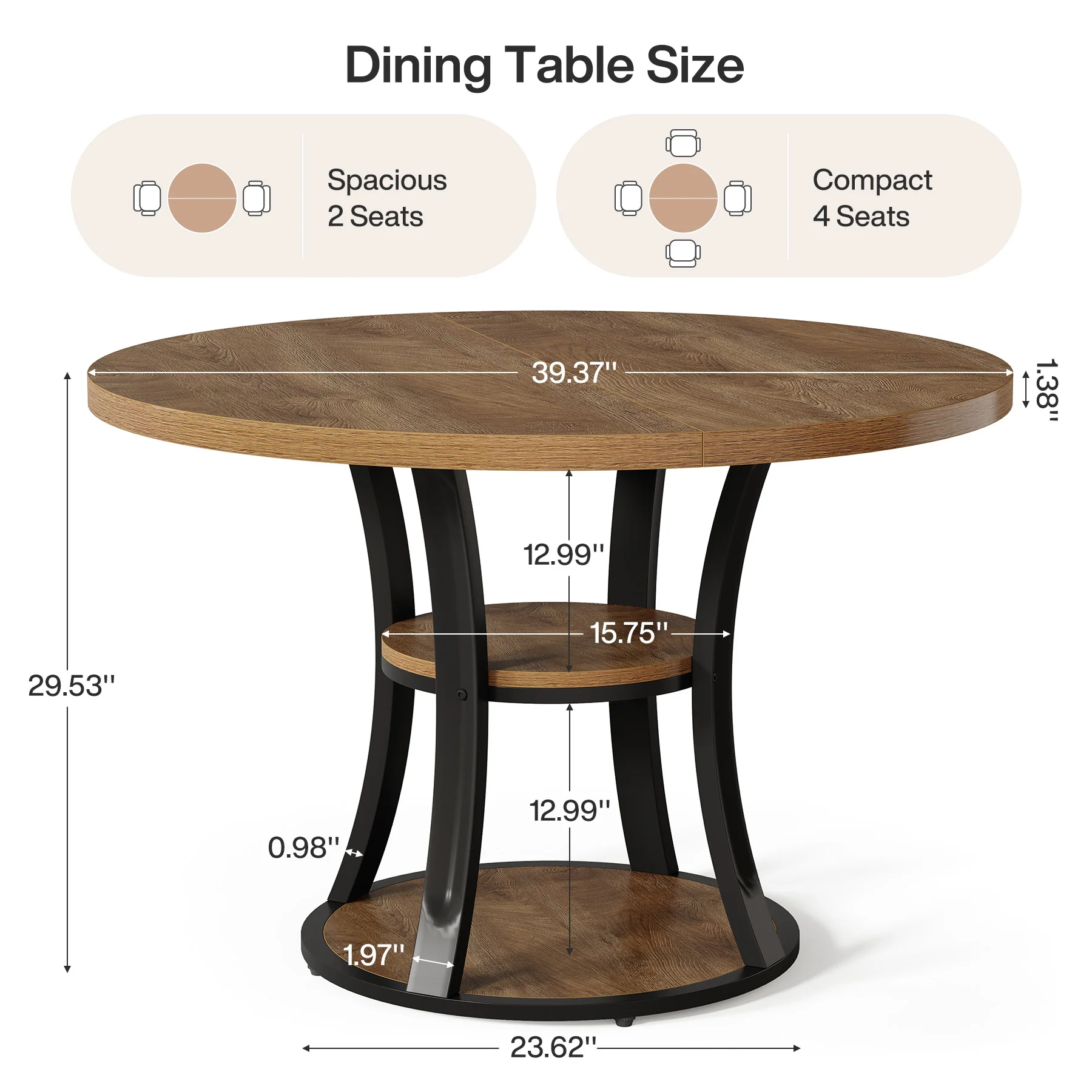 39.37" Round Dining Table, Farmhouse Kitchen Table with Storage for 4 People - Image 2