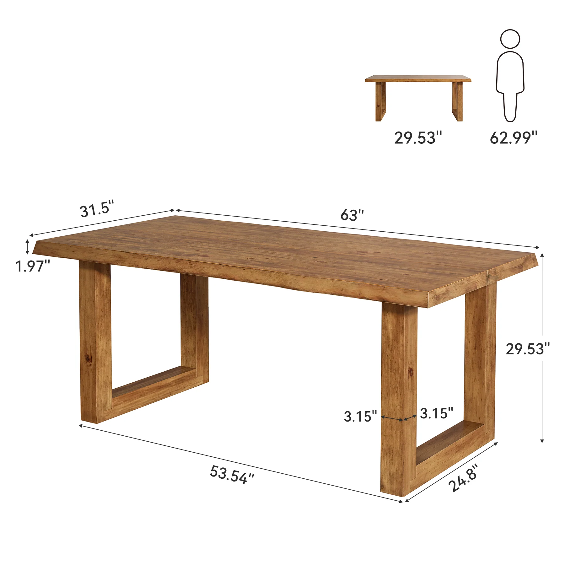 63" Solid Wood Dining Table, Farmhouse Kitchen Table for 4-6 People - Image 2