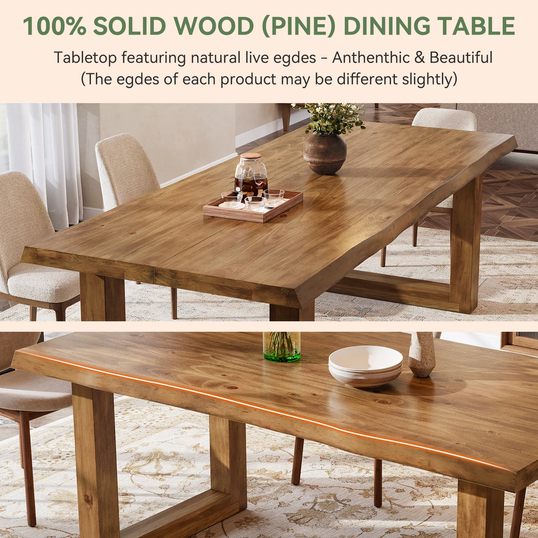 63" Solid Wood Dining Table, Farmhouse Kitchen Table for 4-6 People - Image 7
