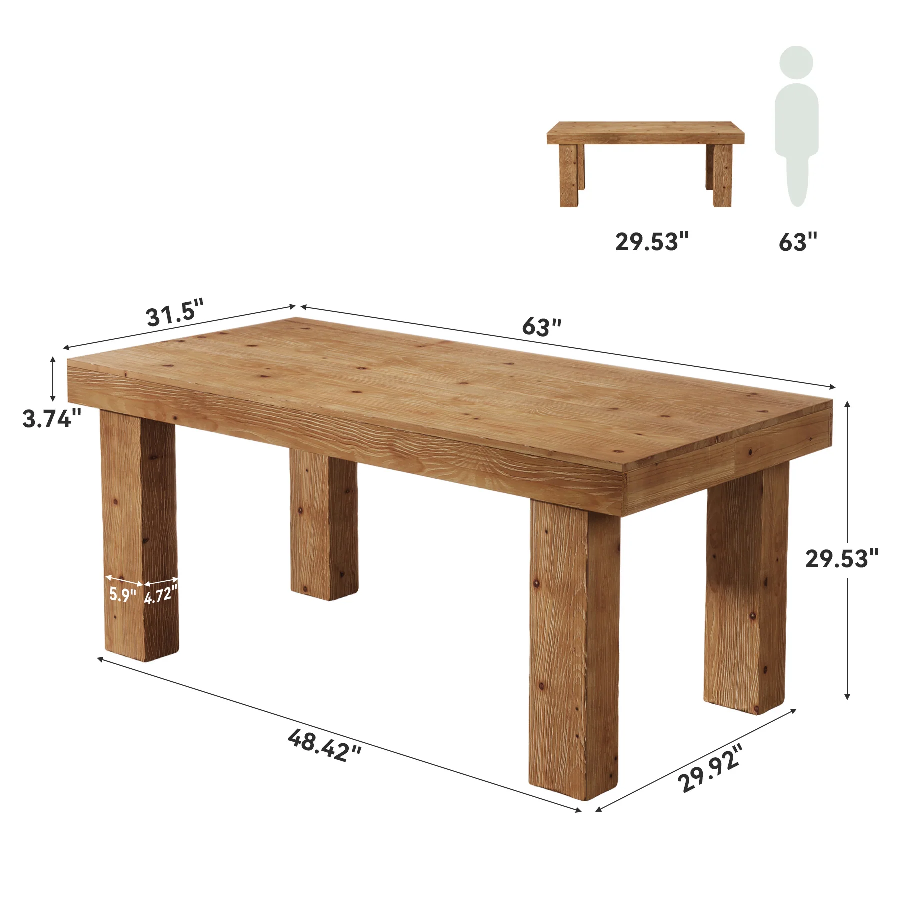 63" Solid Wood Dining Table, Farmhouse Kitchen Table with Heavy Duty Legs for 4-6 - Image 2