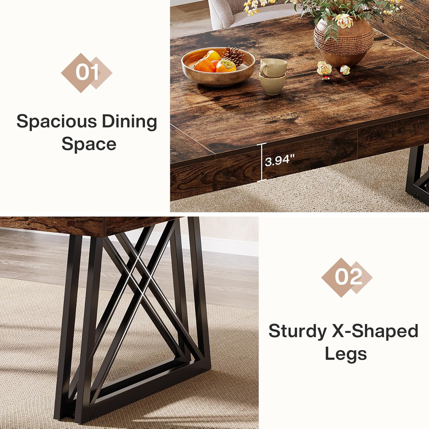 63" Dining Table, Farmhouse Kitchen Table with Sturdy Metal Legs for 4-6 - Image 7