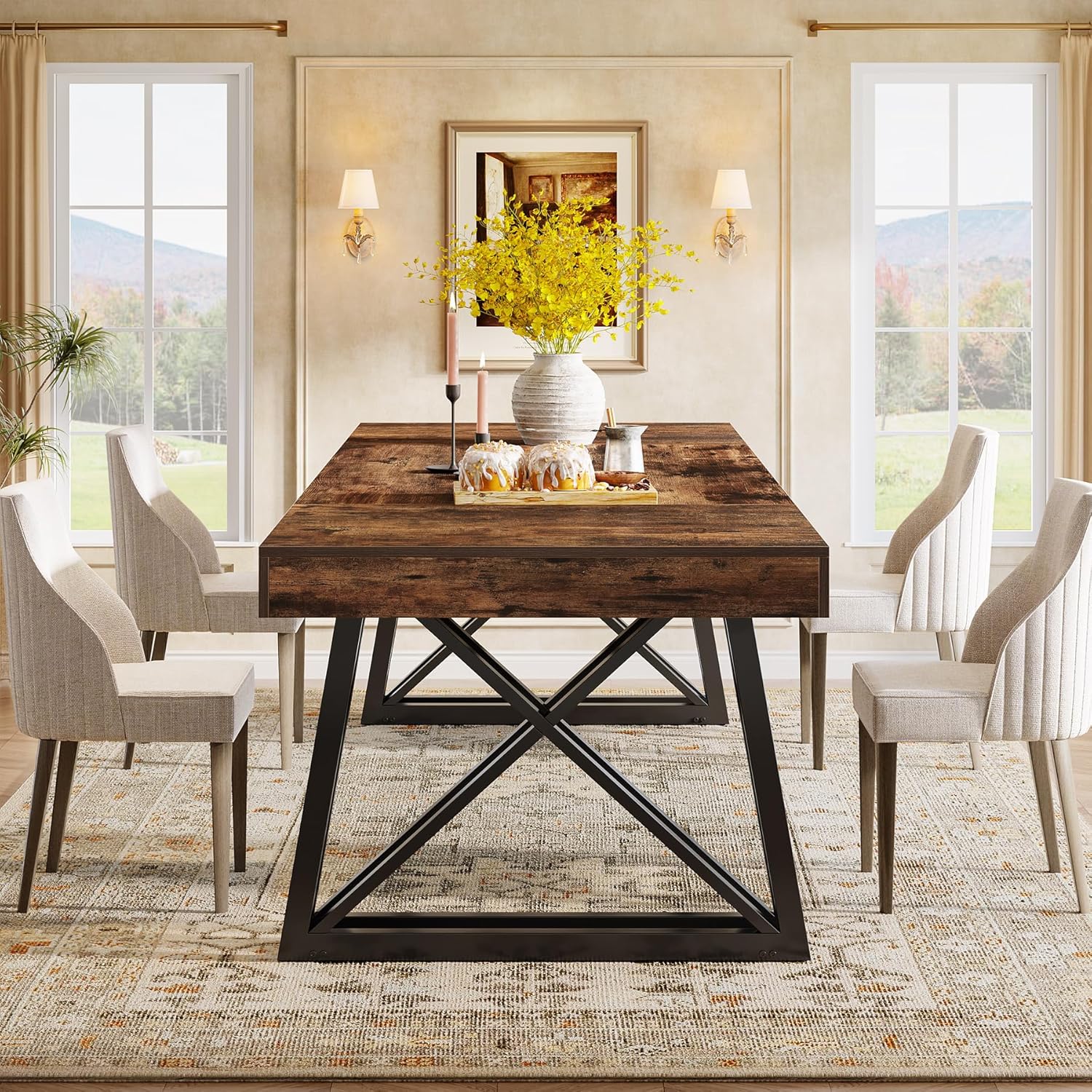 63" Dining Table, Farmhouse Kitchen Table with Sturdy Metal Legs for 4-6 - Image 8