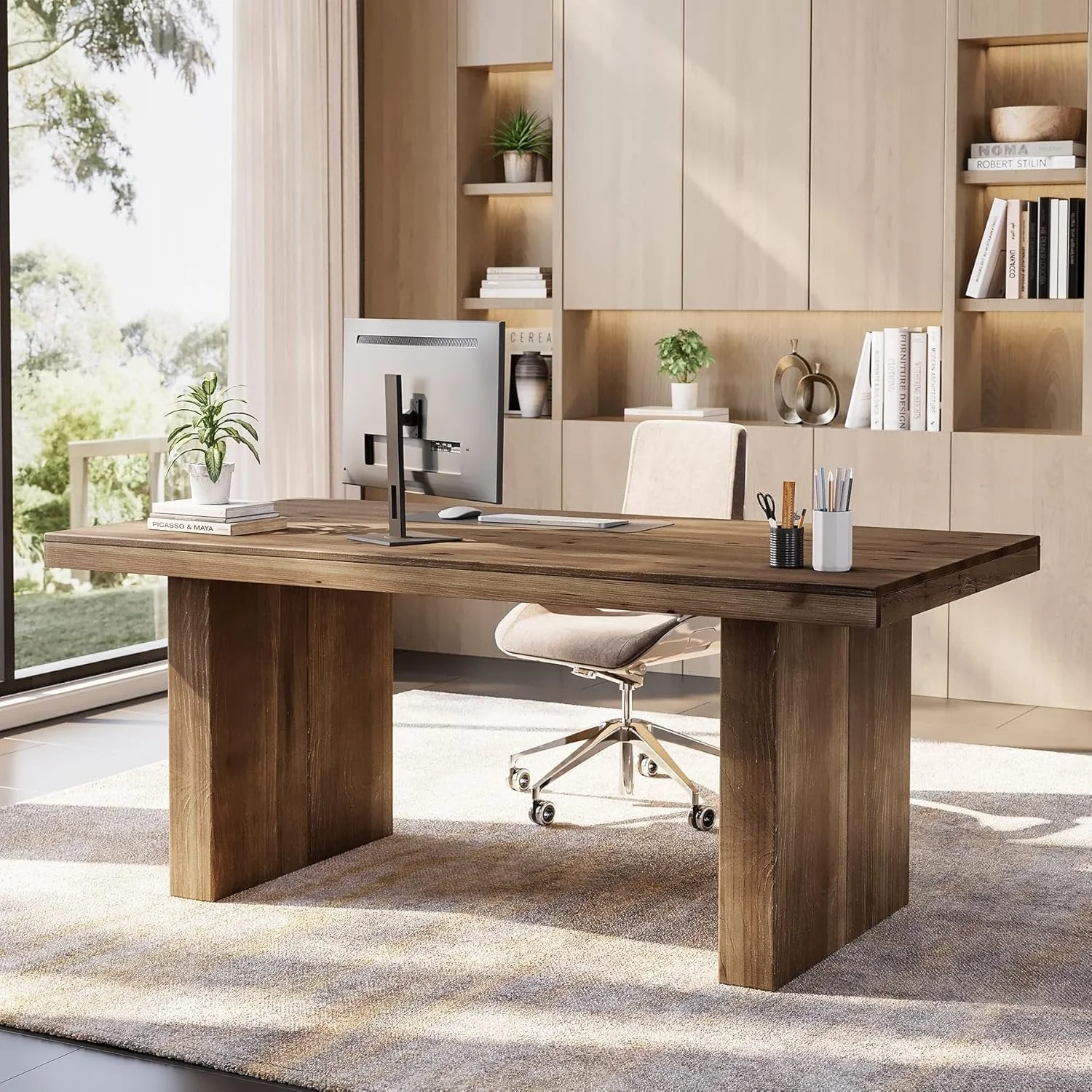 63" Solid Wood Executive Desk, Farmhouse Large Computer Desk with Sturdy Legs - Image 4