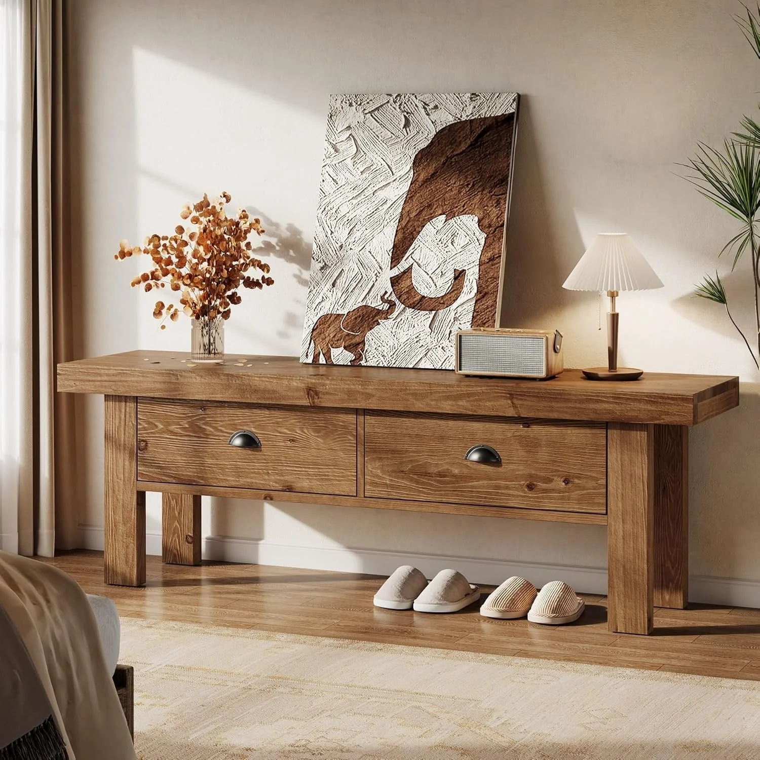 55" Solid Wood Entryway Bench, Farmhouse Long Bench End of Bed Stool with 2 Drawers - Image 3