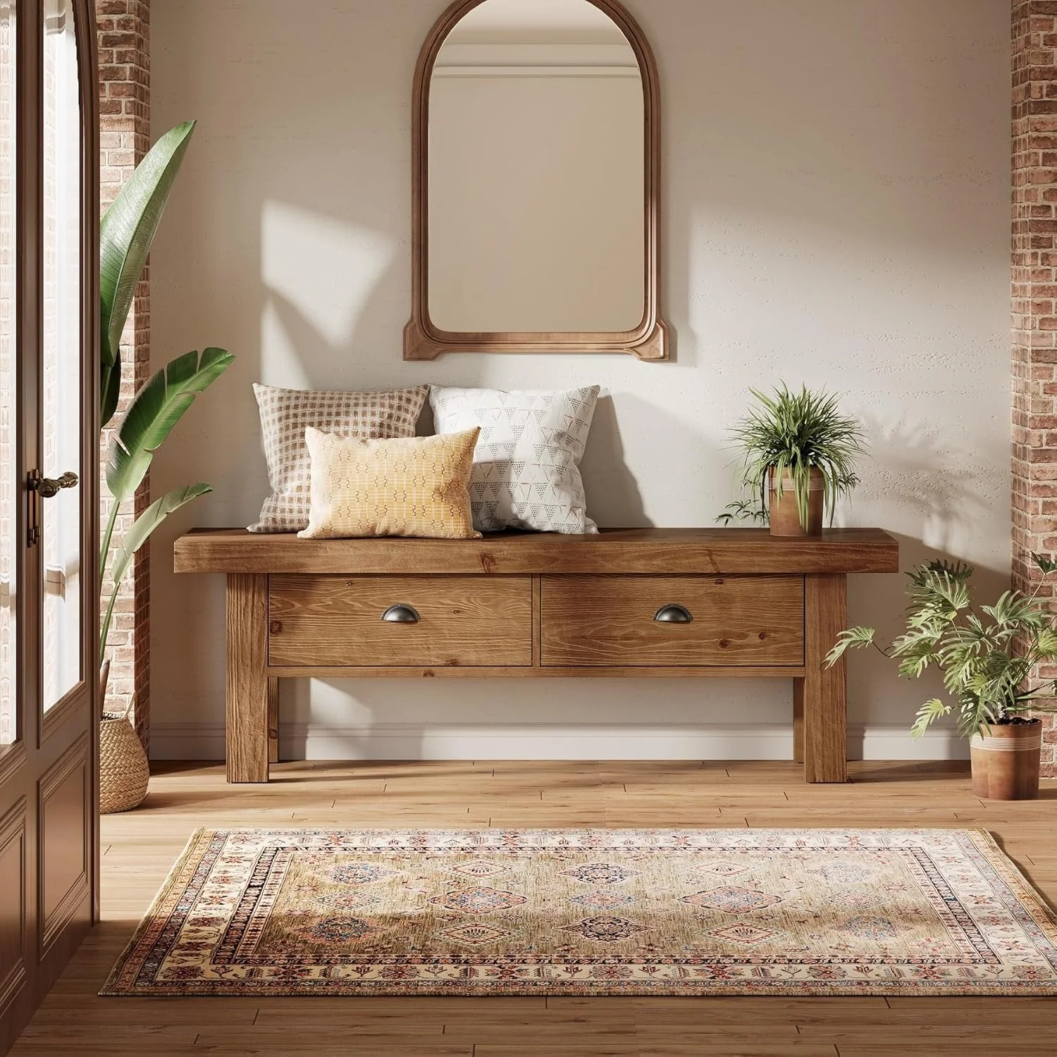 55" Solid Wood Entryway Bench, Farmhouse Long Bench End of Bed Stool with 2 Drawers - Image 4