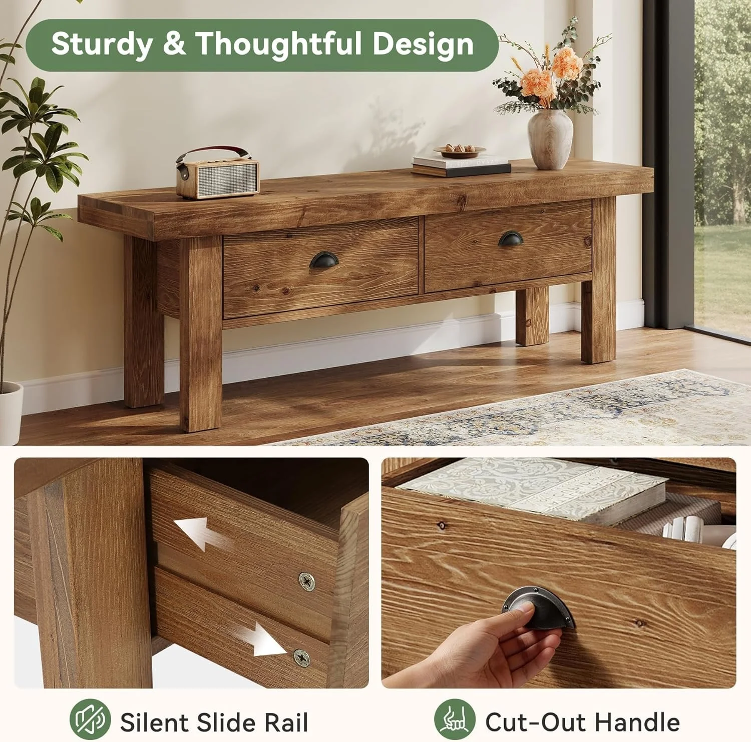 55" Solid Wood Entryway Bench, Farmhouse Long Bench End of Bed Stool with 2 Drawers - Image 7
