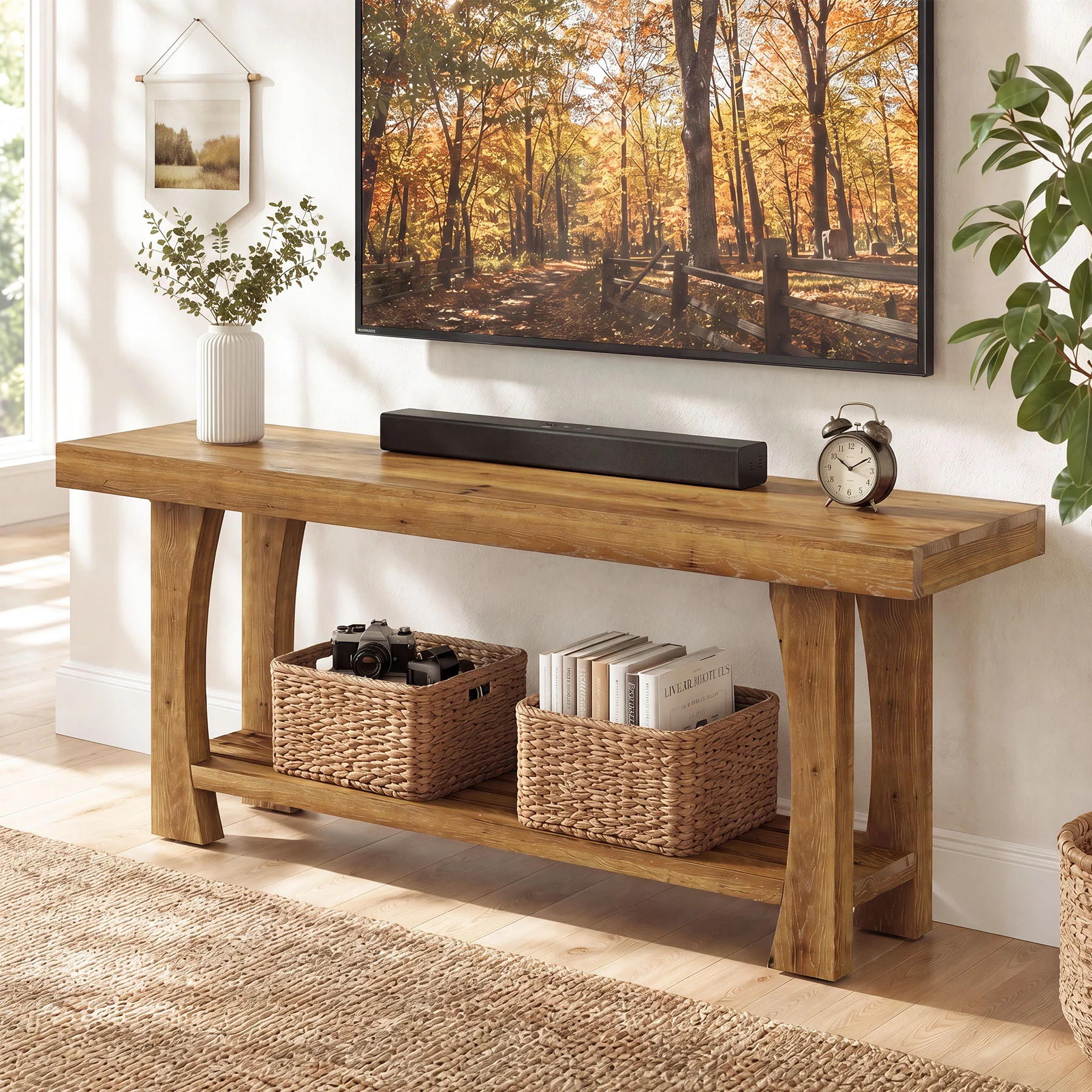 Solid Wood TV Stand, Farmhouse Media Console Table with 2-Tier Open Shelves