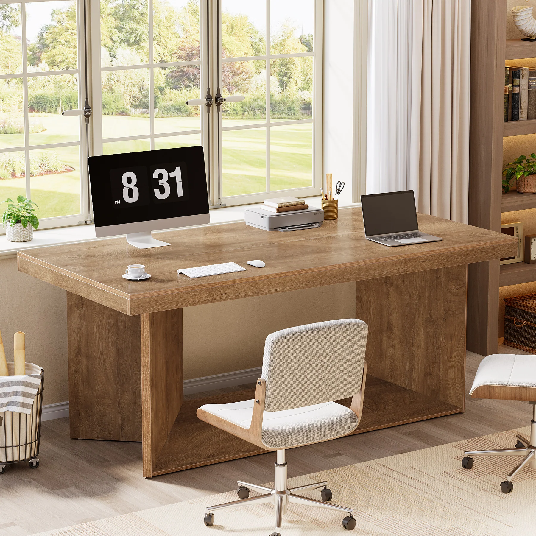 63" Large Executive Desk, Farmhouse Office Computer Desk with Heavy Duty Pedestal - Image 3