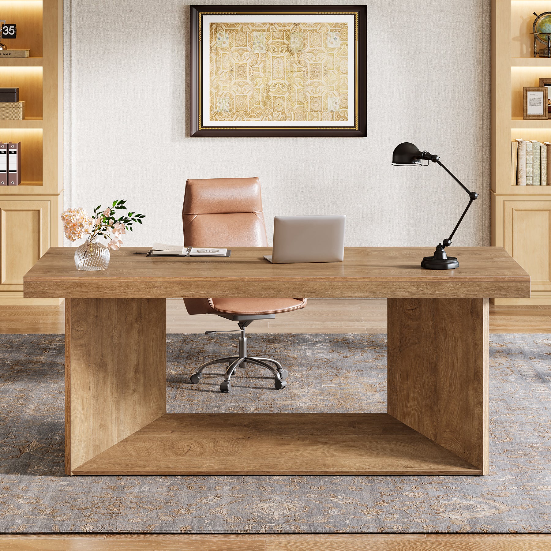63" Large Executive Desk, Farmhouse Office Computer Desk with Heavy Duty Pedestal - Image 4