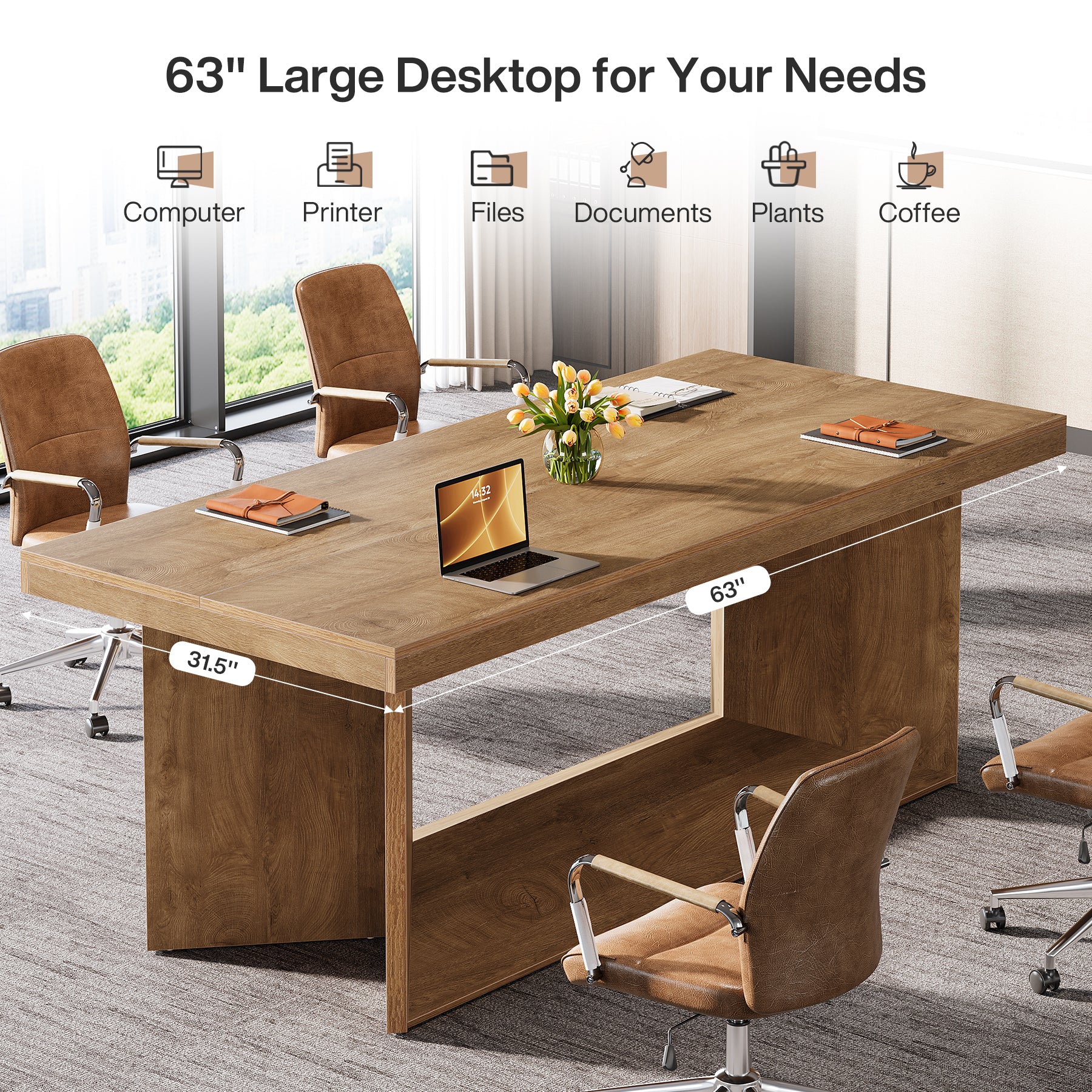 63" Large Executive Desk, Farmhouse Office Computer Desk with Heavy Duty Pedestal - Image 7