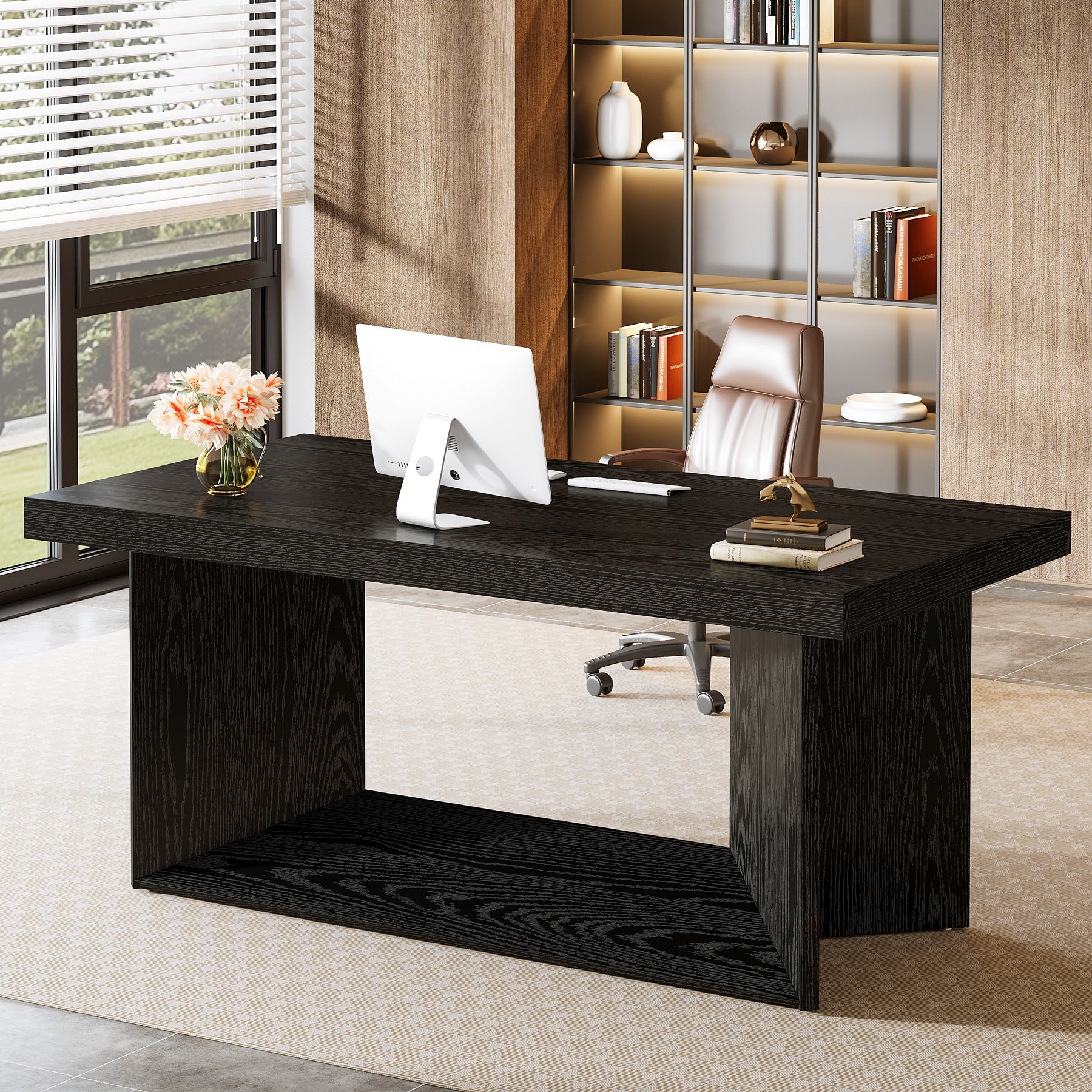 63" Large Executive Desk, Farmhouse Office Computer Desk with Heavy Duty Pedestal - Image 9